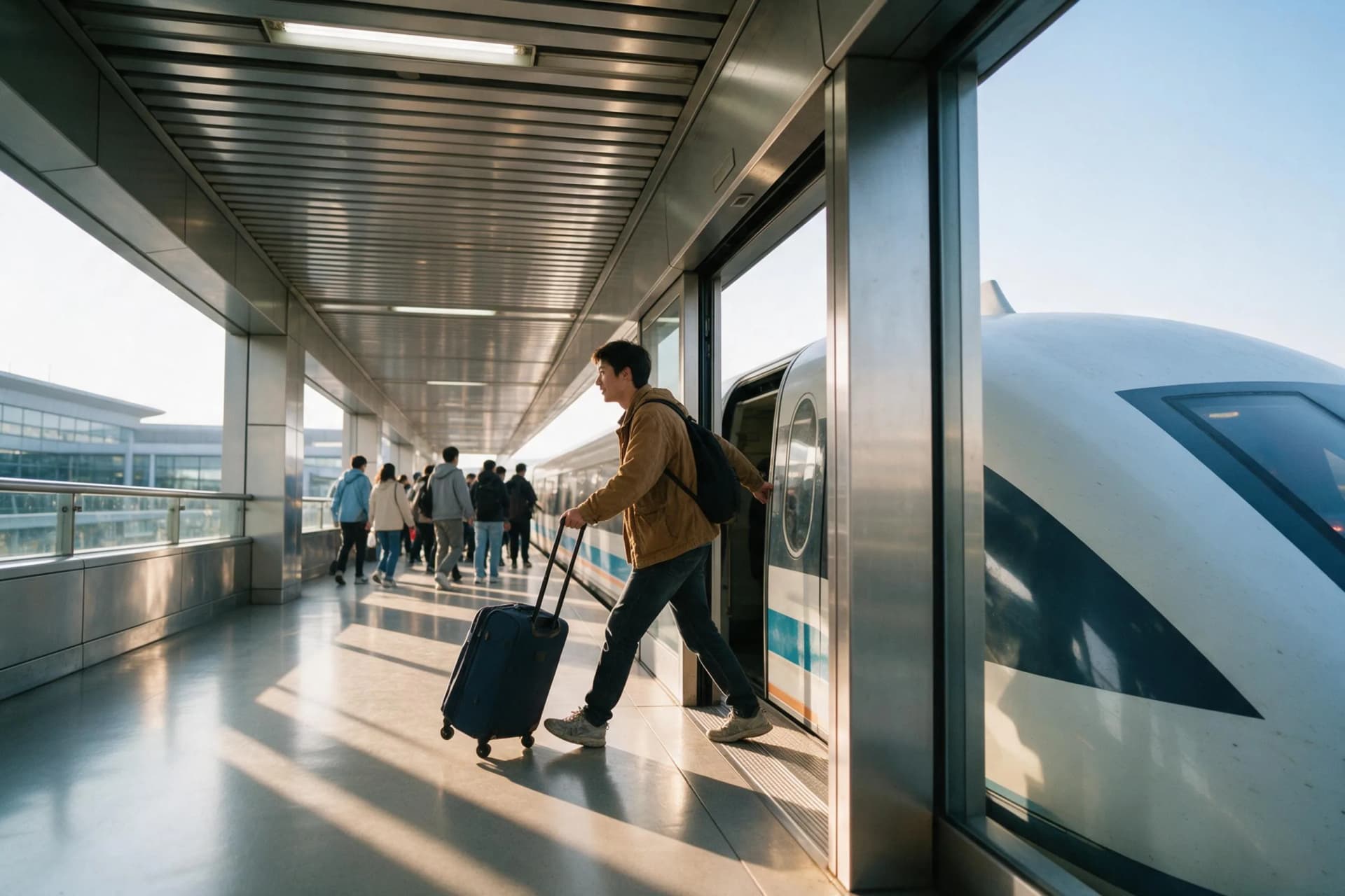 Traveler with suitcase boarding the Shanghai maglev at Pudong Airport for the fastest airport-to-city transfer in China