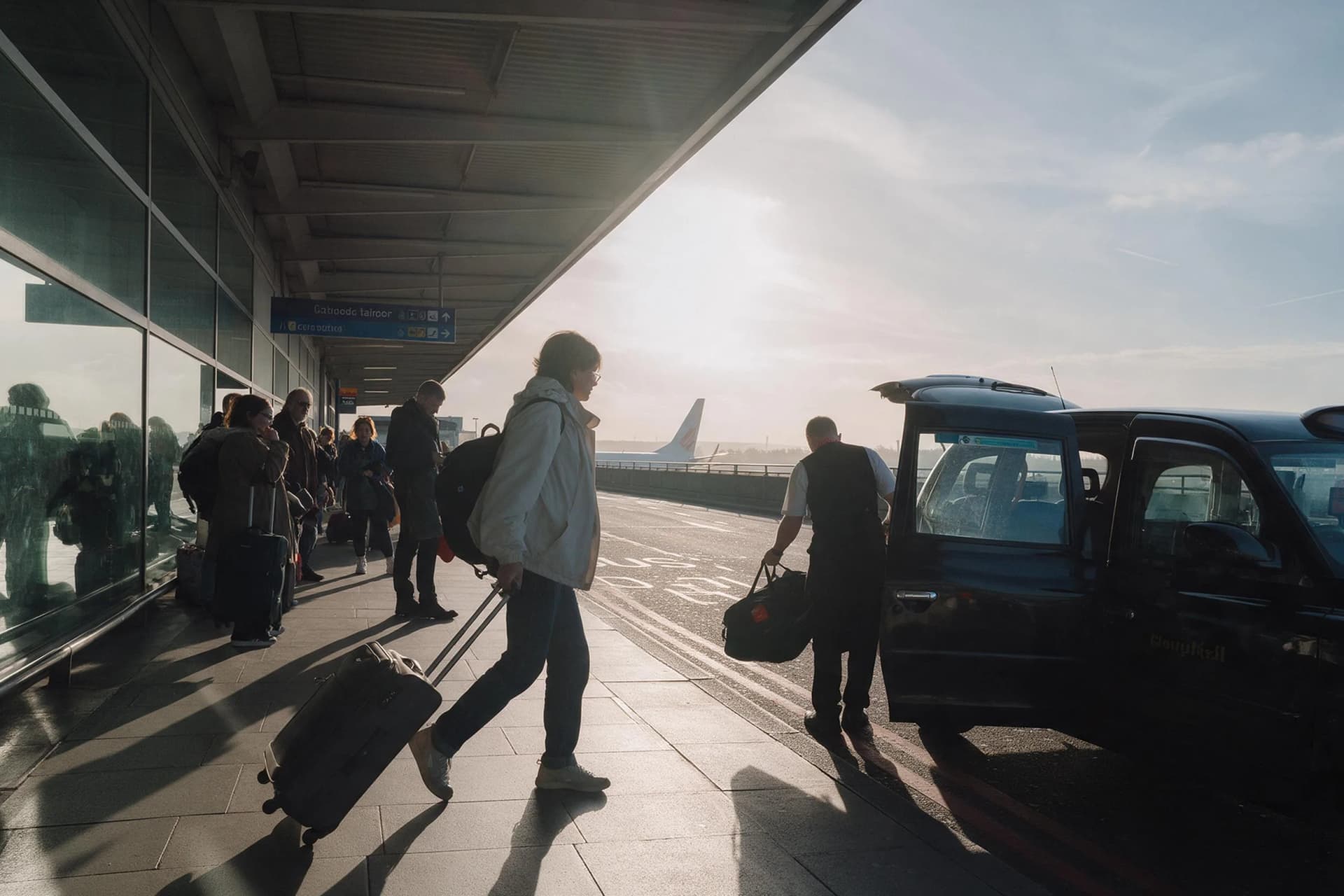 Traveler loading a suitcase at the taxi rank outside Terminal 3 at Beijing Capital Airport, an airport to city transfer in October