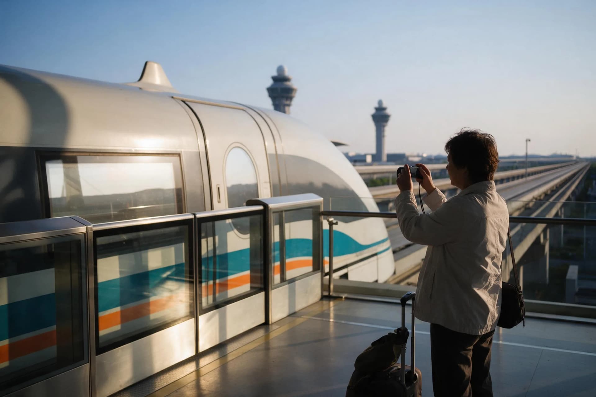 Viajante fotografando o maglev de Xangai no Aeroporto de Pudong, o traslado do aeroporto à cidade mais rápido da China