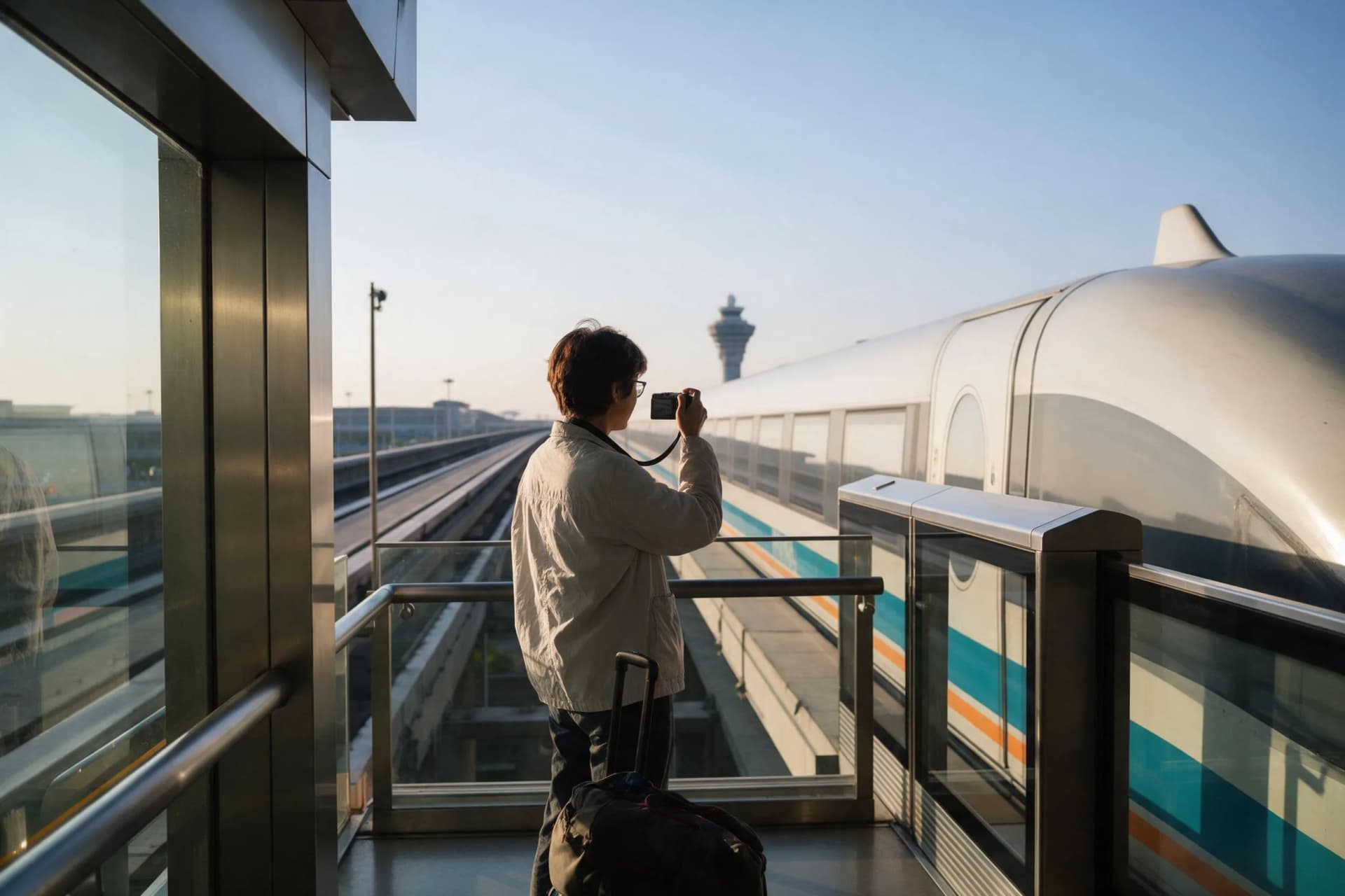 Traveler photographing the Shanghai maglev at Pudong Airport, the fastest airport-to-city transfer in China