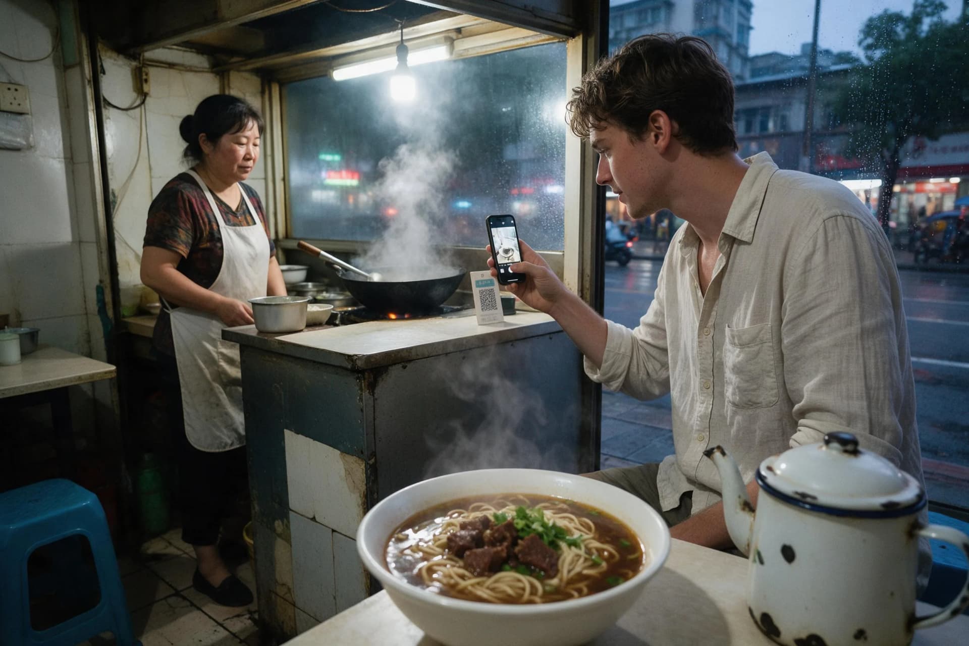 Tourist paying by Alipay QR code at a Shanghai noodle shop counter, Alipay vs WeChat Pay in China 2026