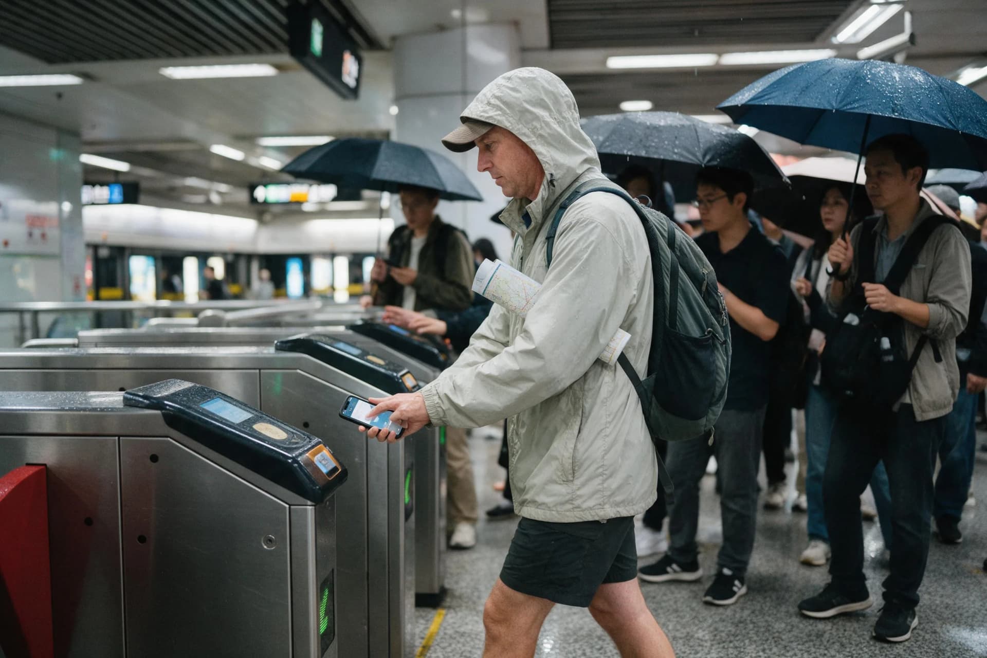 Alipay vs WeChat Pay for tourists: scanning a phone QR code at the fare gates of Shanghai's People's Square Station