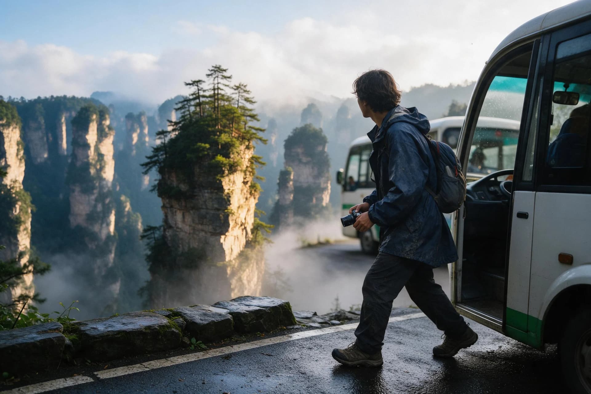 Traveler arriving by shuttle at Zhangjiajie's Avatar Mountains in morning mist on a budget photography trip