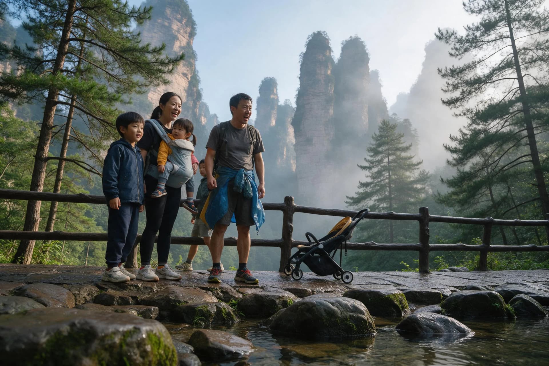 Family with a child carrier and folded stroller beside Golden Whip Stream in Zhangjiajie National Forest Park, a guide to the Avatar Mountains with kids