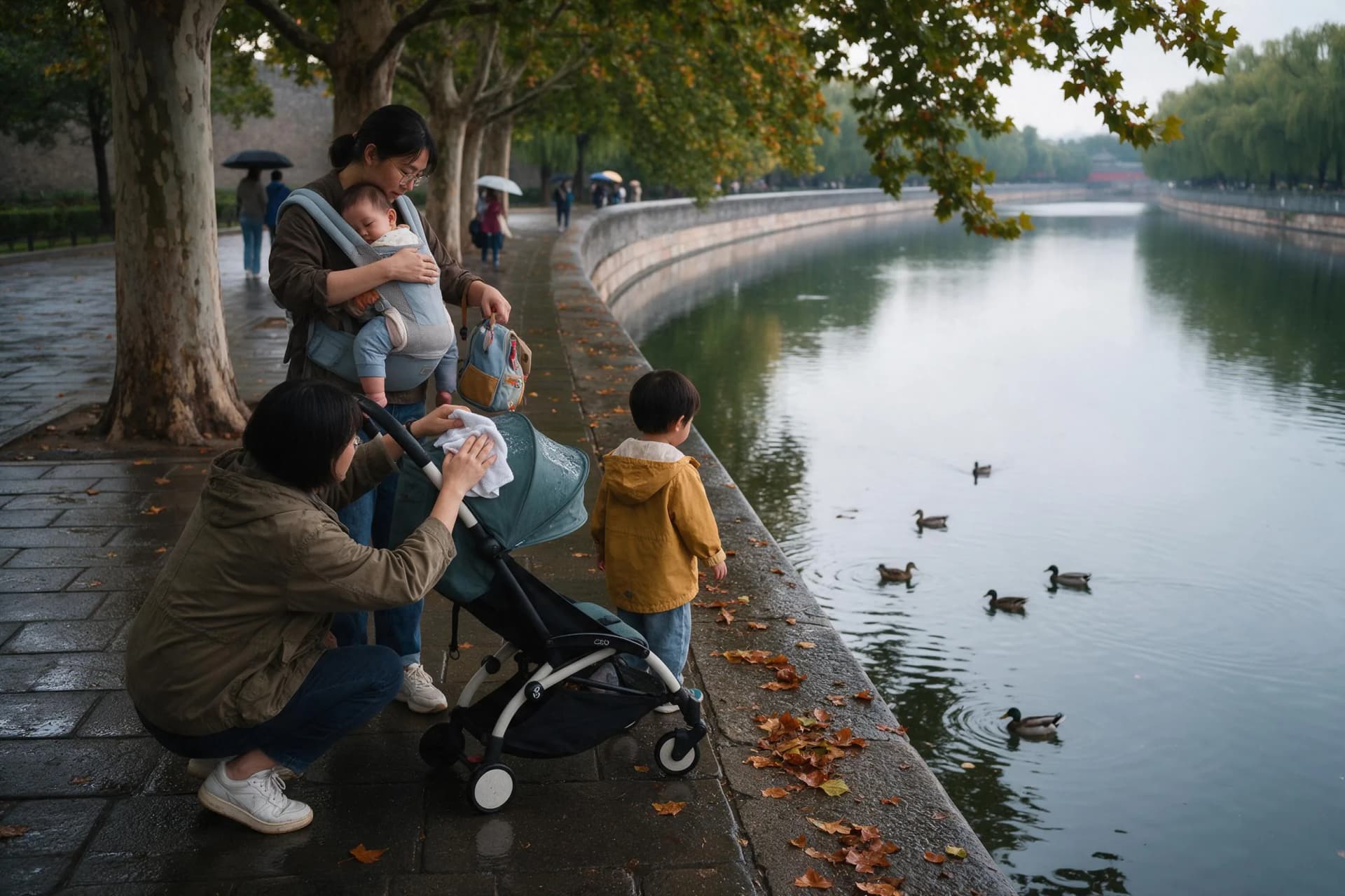 Family with a stroller and baby carrier beside the Forbidden City moat in rainy Beijing