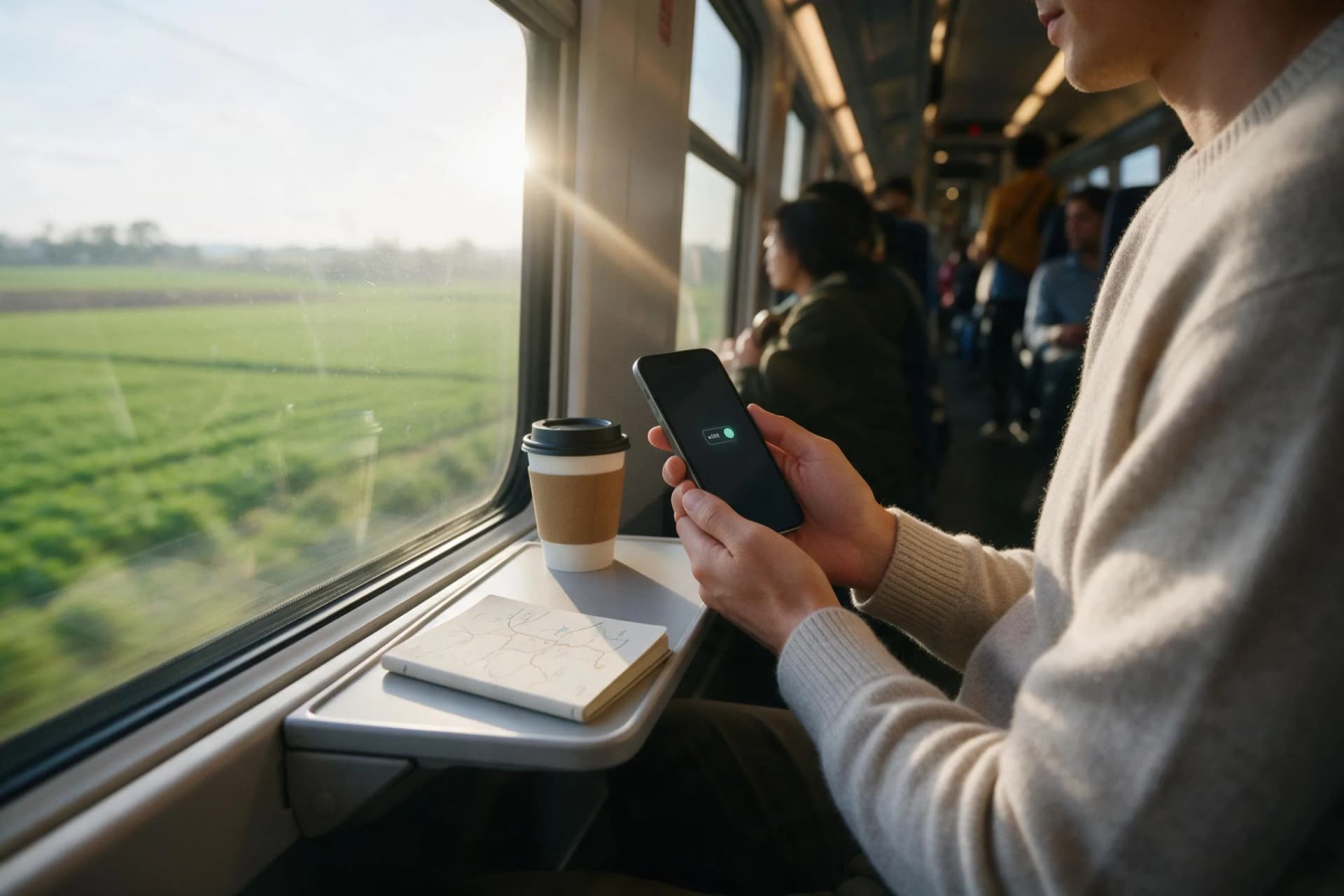Traveler checking an eSIM data plan on a phone aboard a Chinese high-speed train, best eSIM for China travel in 2026