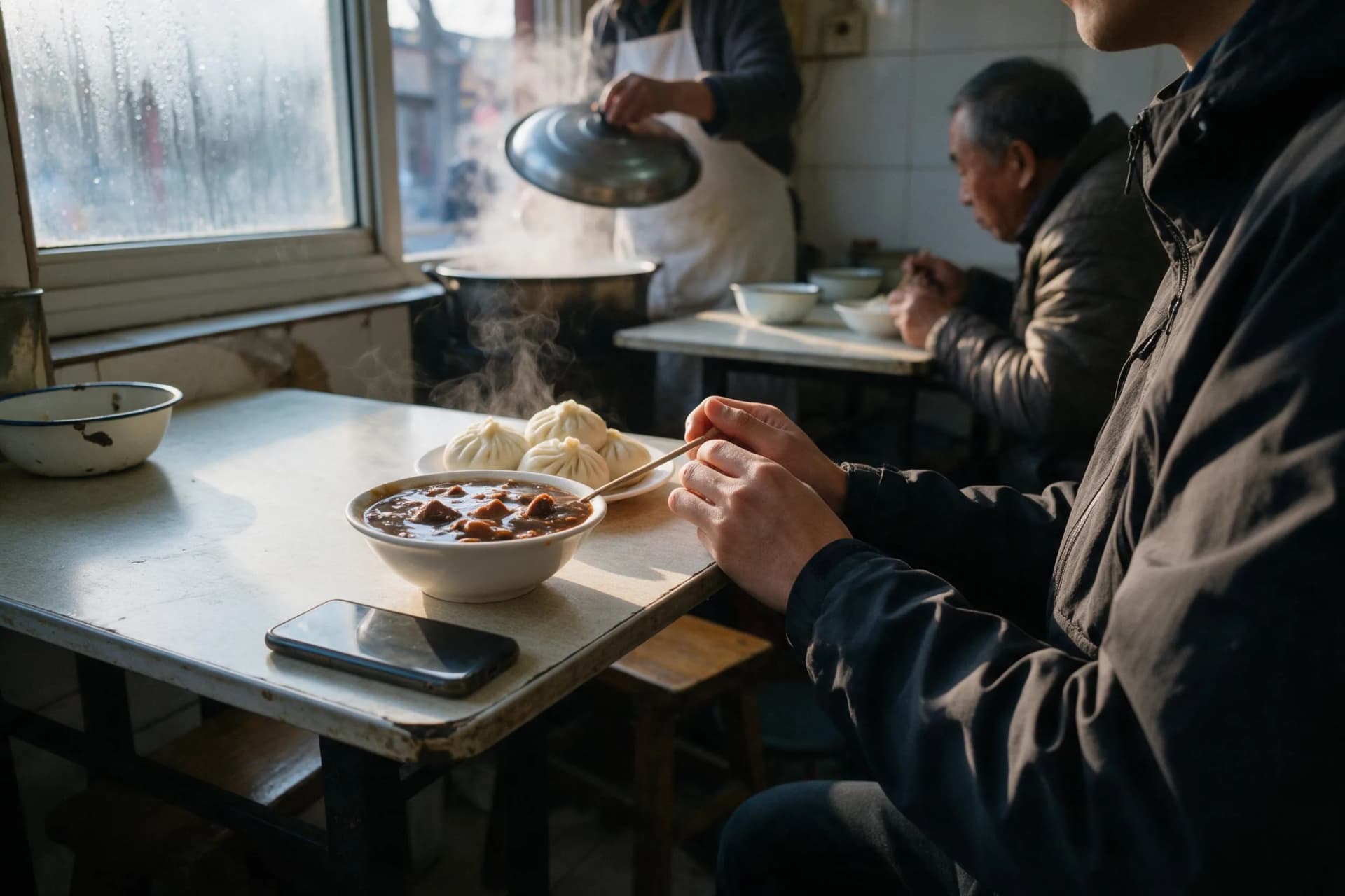 Traveler using a China eSIM beside a chaogan breakfast on Beijing's Gulou East Street in 2026