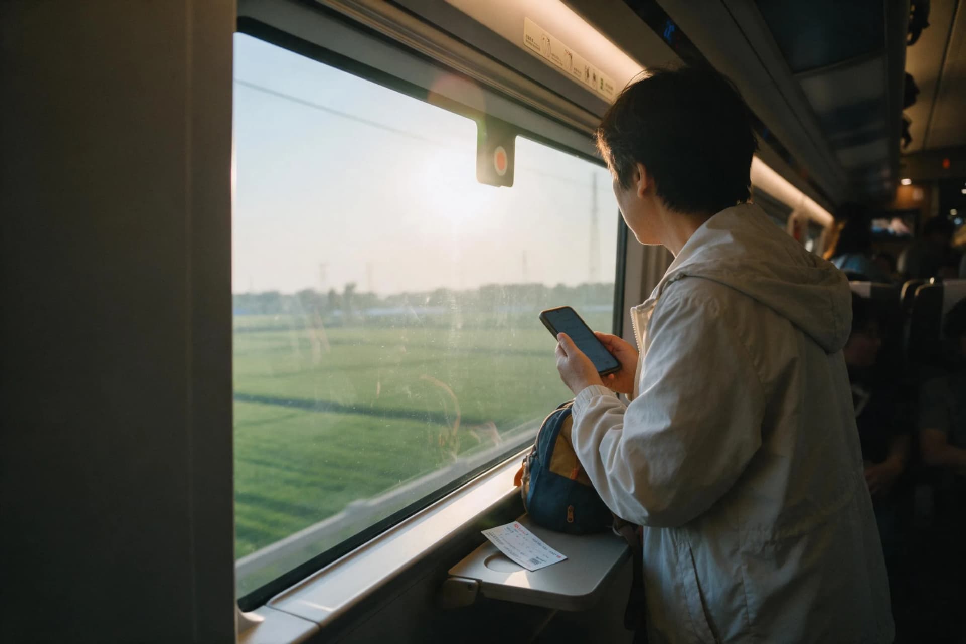 Traveler with an eSIM data plan on a phone at a Beijing rail window during a 3-day China itinerary in 2026