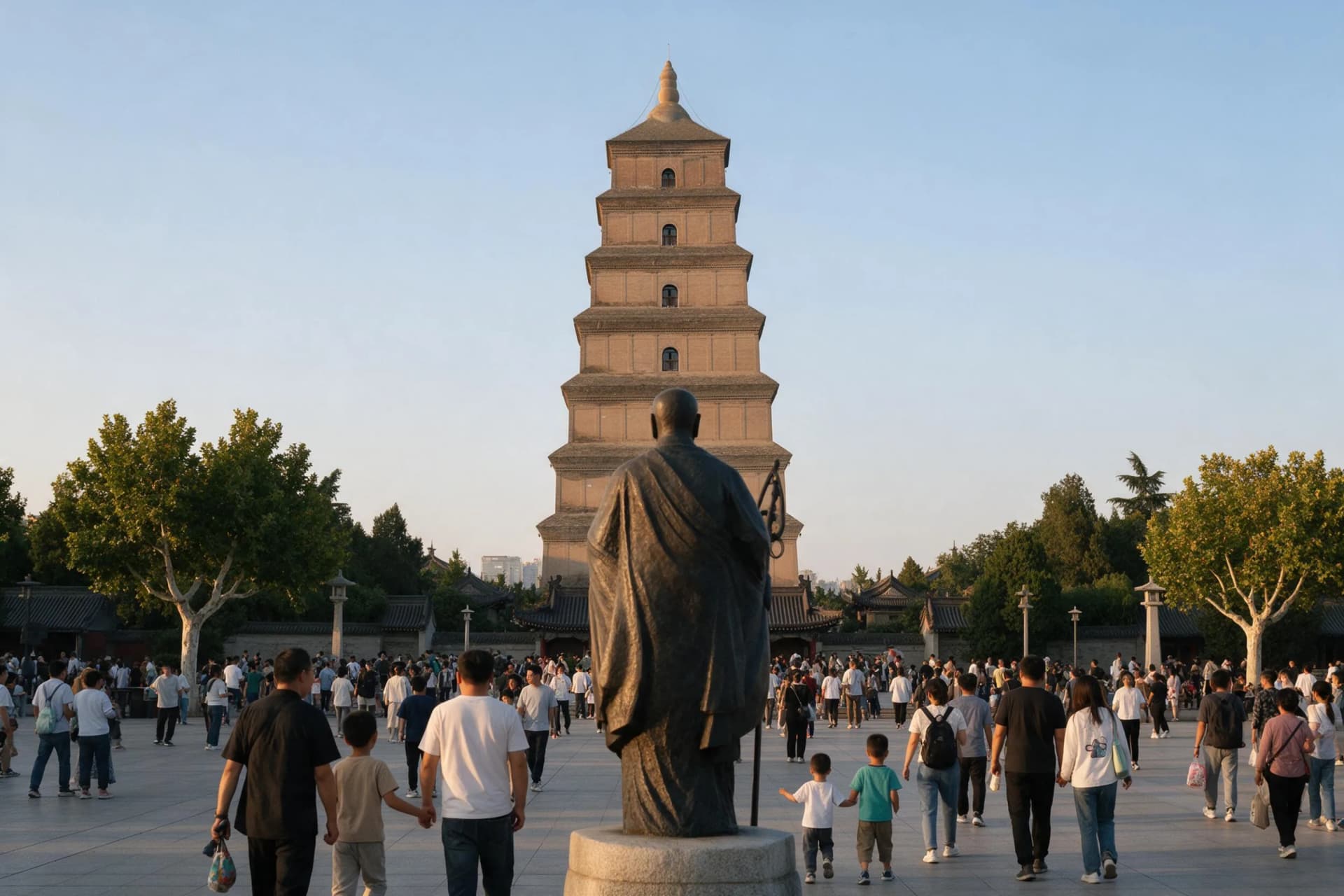 Big Wild Goose Pagoda rising above Da Ci'en Temple in Xi'an at dusk, its seven Tang brick stories lit against the evening sky