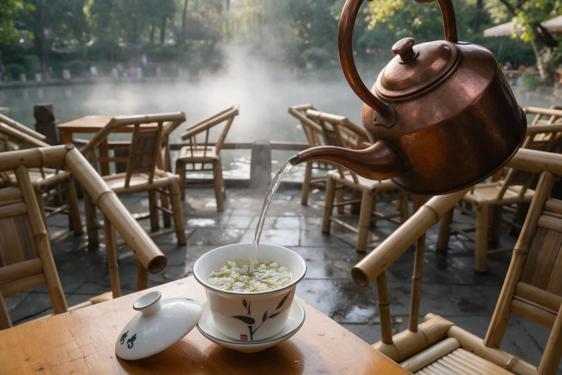 Bamboo armchairs and covered tea cups at a Chengdu teahouse in People's Park on a misty spring morning
