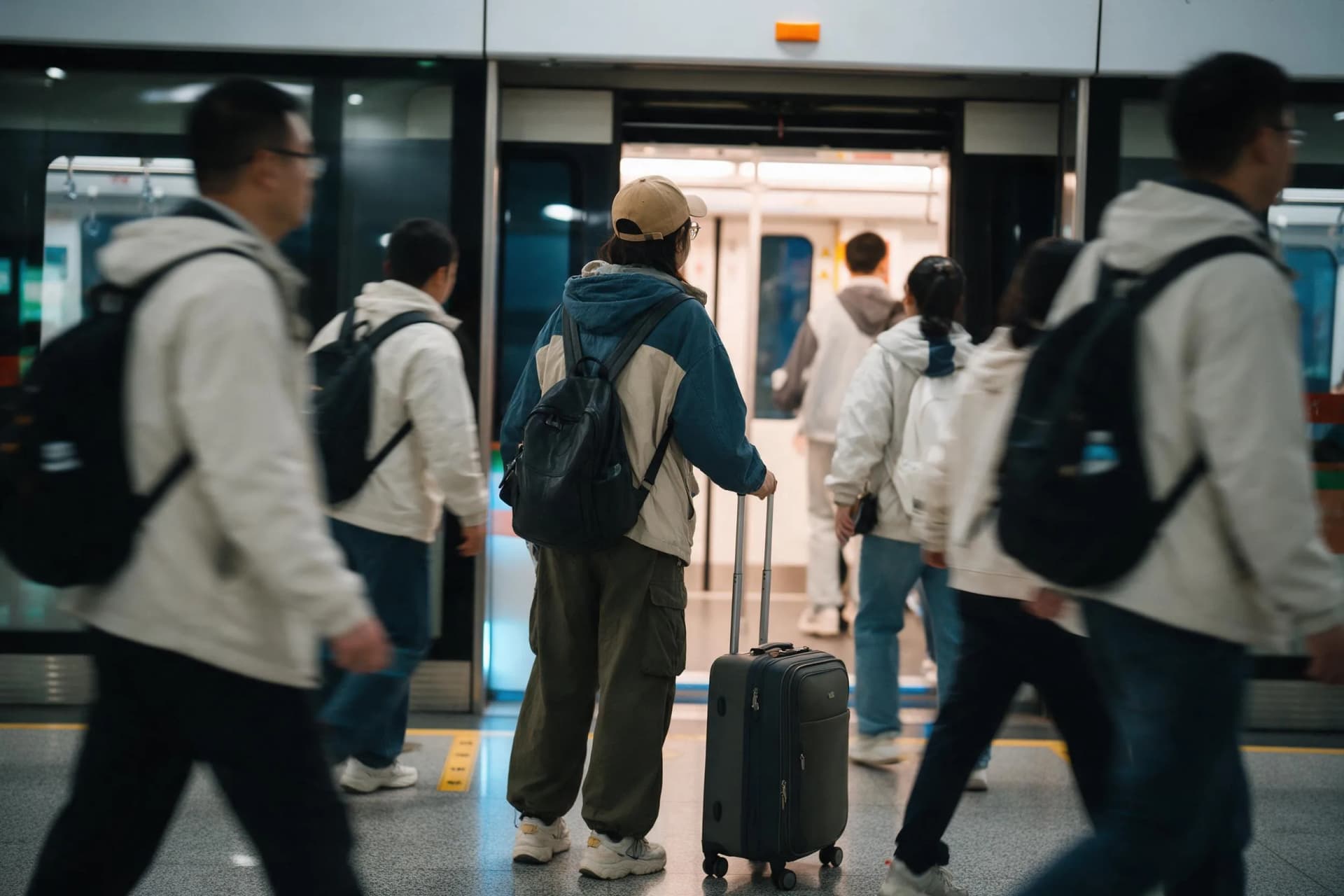 A traveler with luggage using Chengdu's airport metro for getting there and around the city