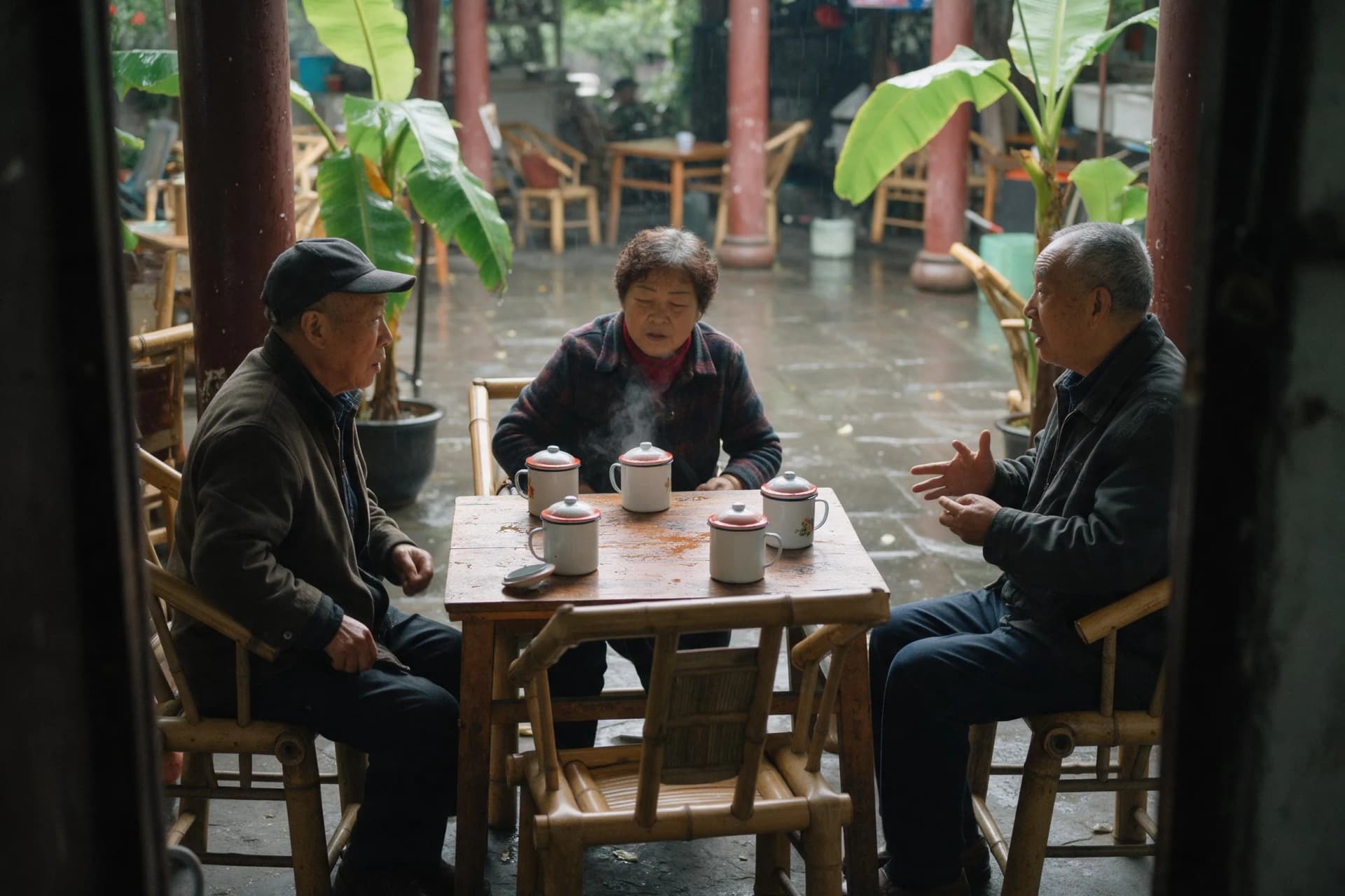 Chengdu 3-day itinerary tea stop: a rainy teahouse courtyard with bamboo chairs, enamel cups and wet stone near People's Park