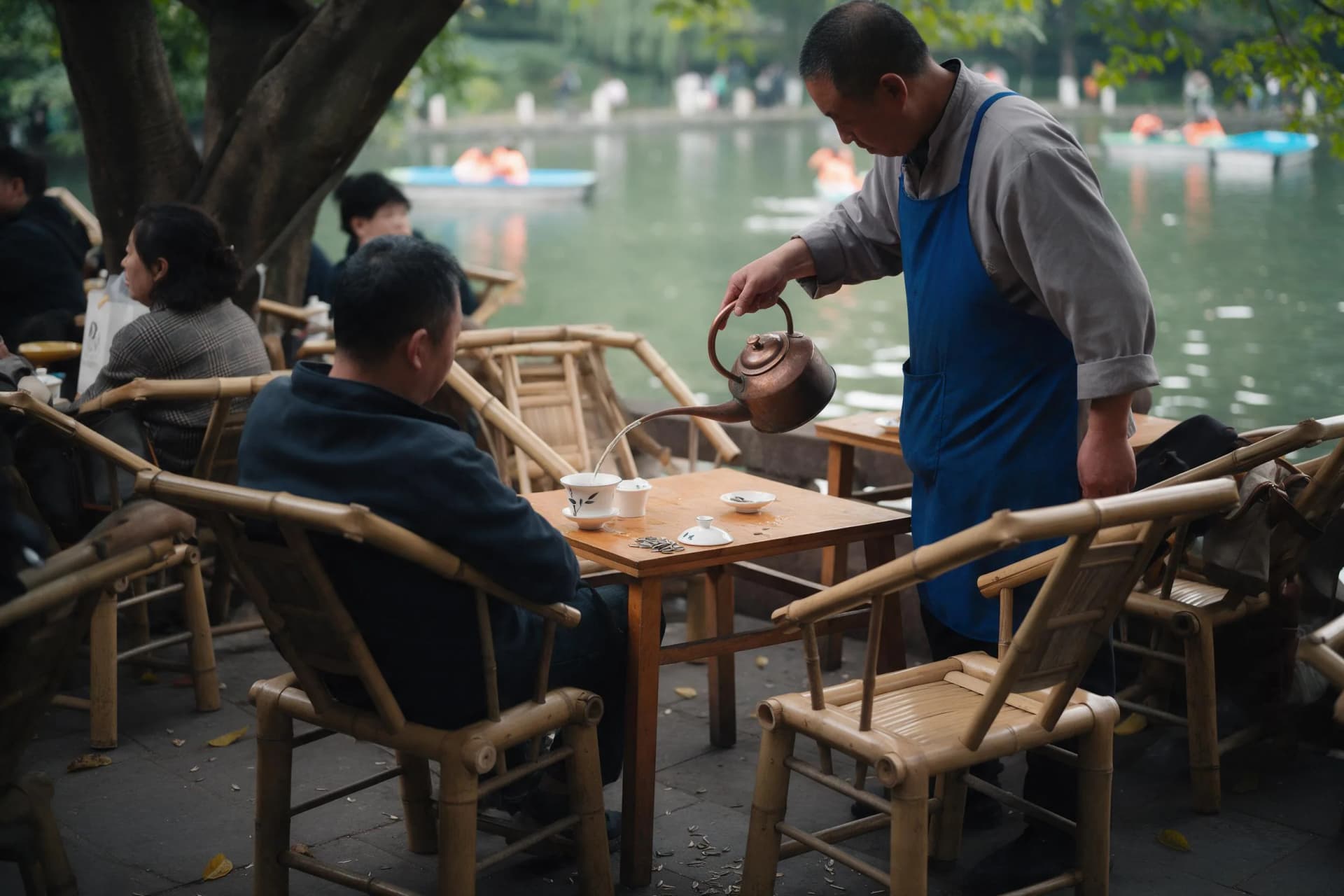 Bamboo chairs and gaiwan tea on the lakeside terrace of Heming Chashe, a traditional Chengdu teahouse in People's Park