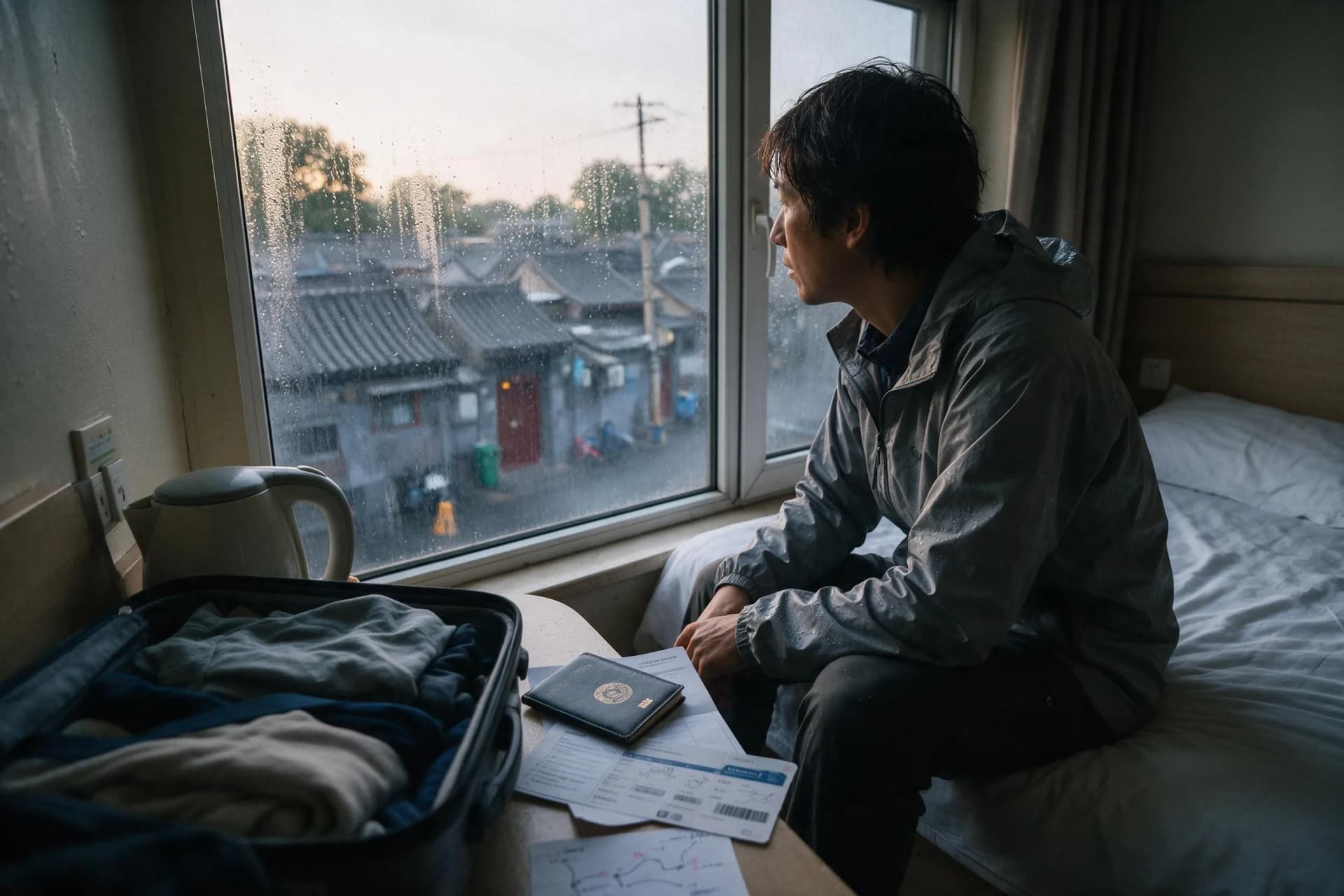 Budget traveler checking onward-trip documents in a rainy Beijing hotel room on a 240-hour transit stop