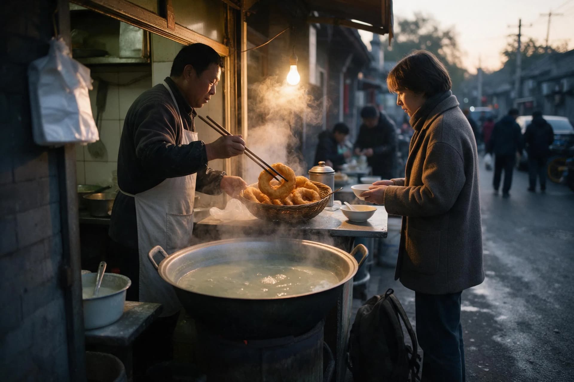 Huguosi Street breakfast stall in Beijing serving douzhi and jiaoquan on a 240-hour visa-free transit