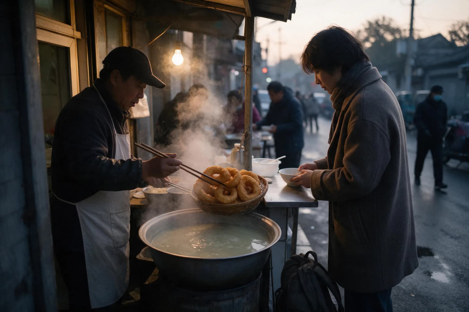 Huguosi Street breakfast stall in Beijing serving douzhi and jiaoquan on a 240-hour visa-free transit