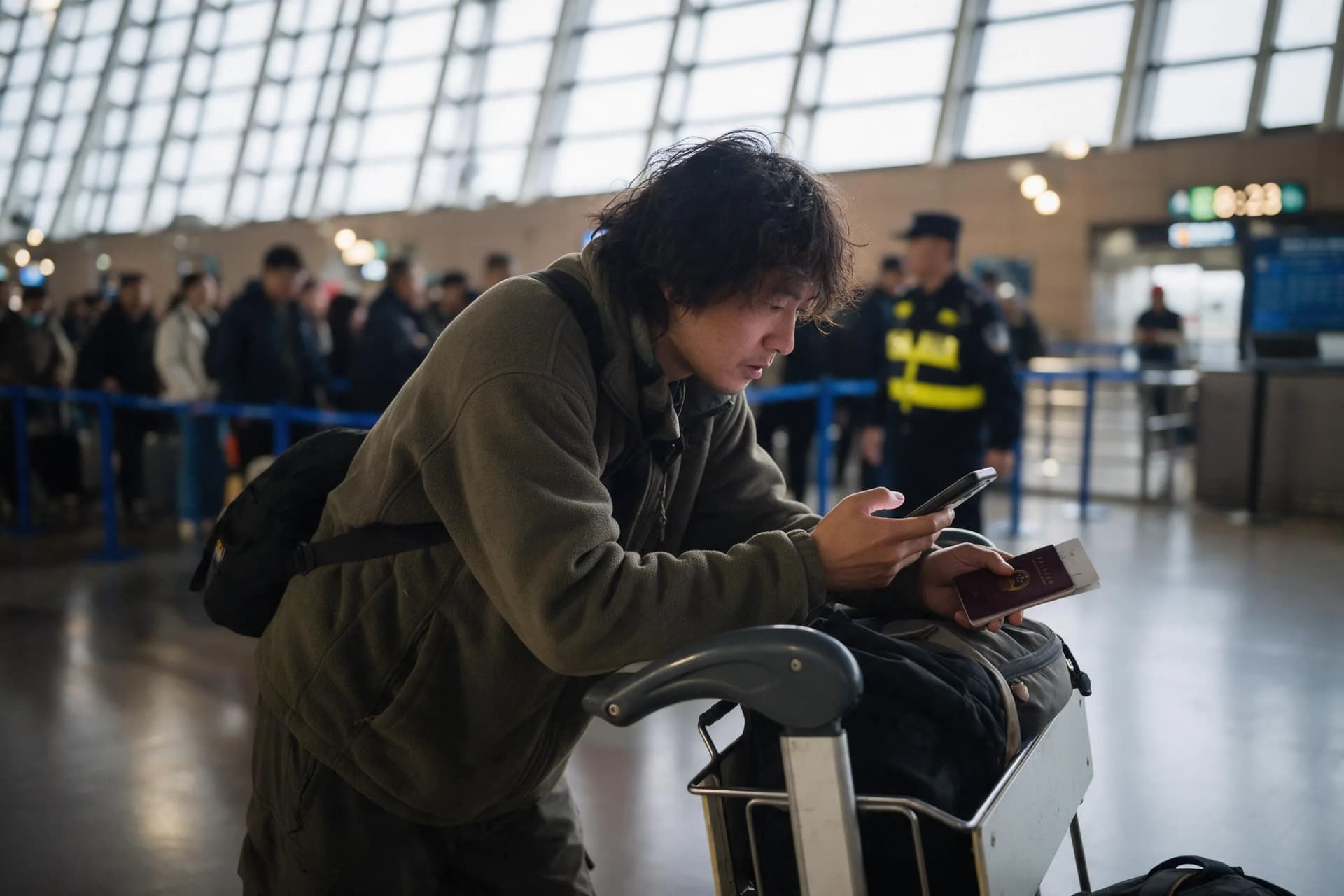 Traveler filling China's digital arrival card on a phone in an airport arrivals hall in 2026