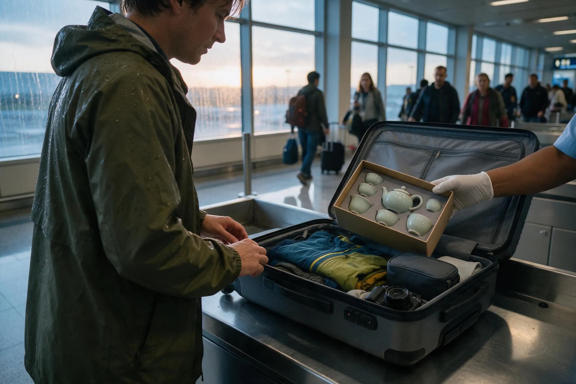 Traveler opening a suitcase for a routine China customs inspection beside an officer in a quiet arrivals hall
