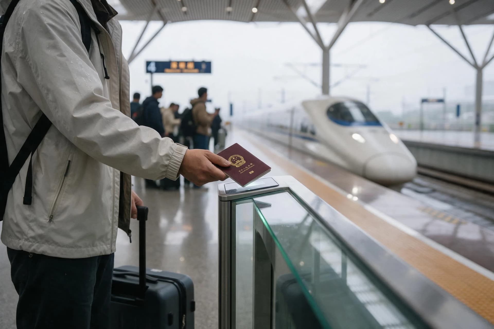 Foreign traveler scanning a passport at a high-speed rail boarding gate in China in 2026