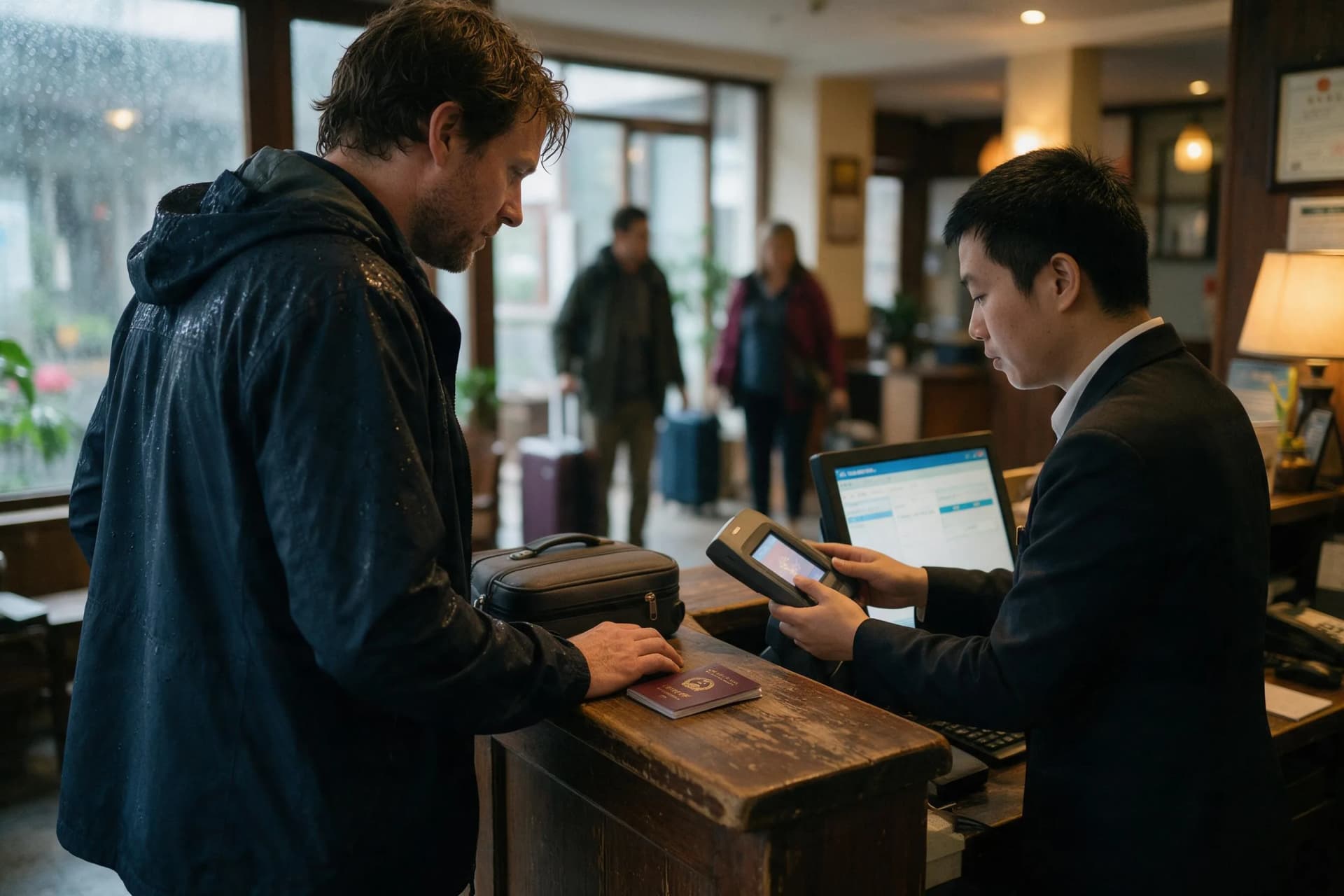 Foreign traveler showing a passport at a hotel reception desk in China on a rainy evening