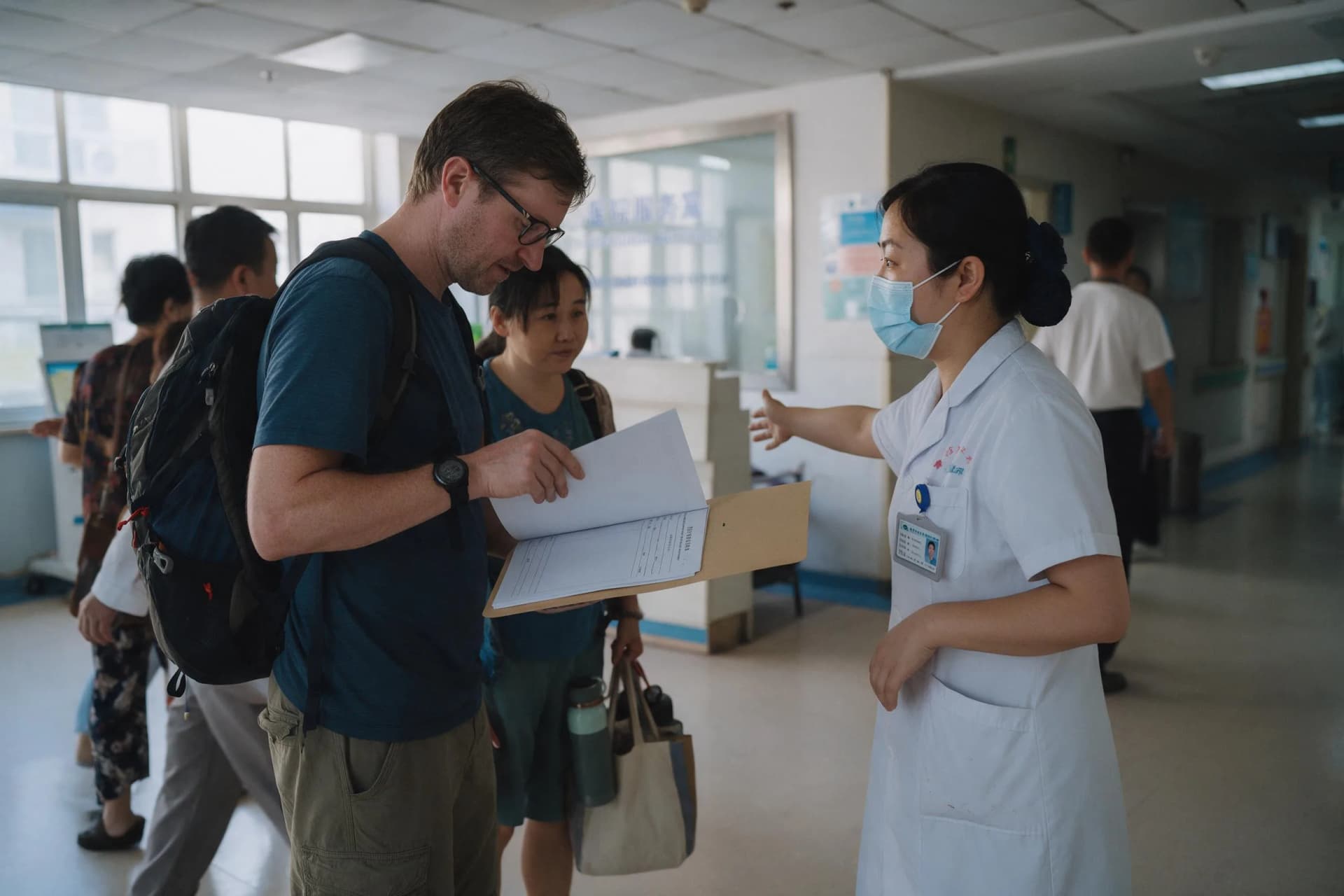 English-speaking hospital reception in China helping an international patient with medical records