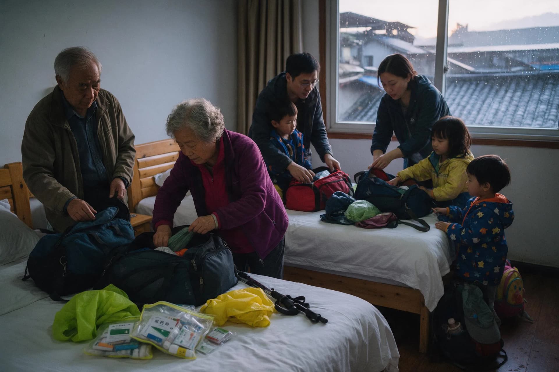 Multigenerational family packing for a rainy China trip at dawn