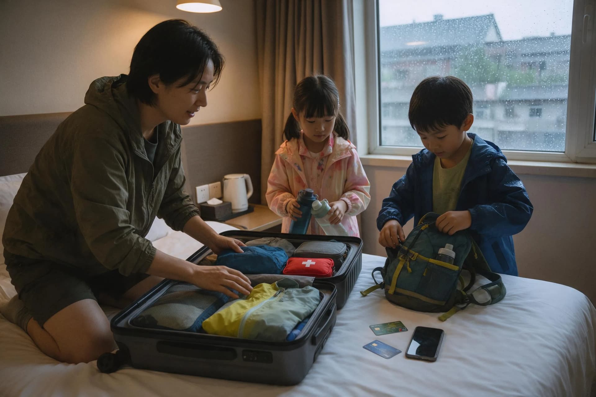 Family luggage and day bags packed for a budget trip in Beijing, China, with payment cards and water bottles