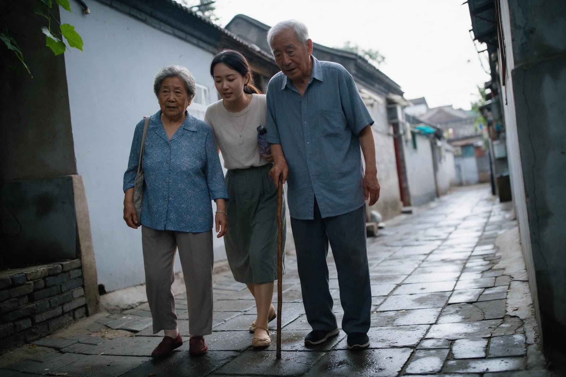 Older parents walking slowly with their adult daughter through a rainy Beijing hutong lane