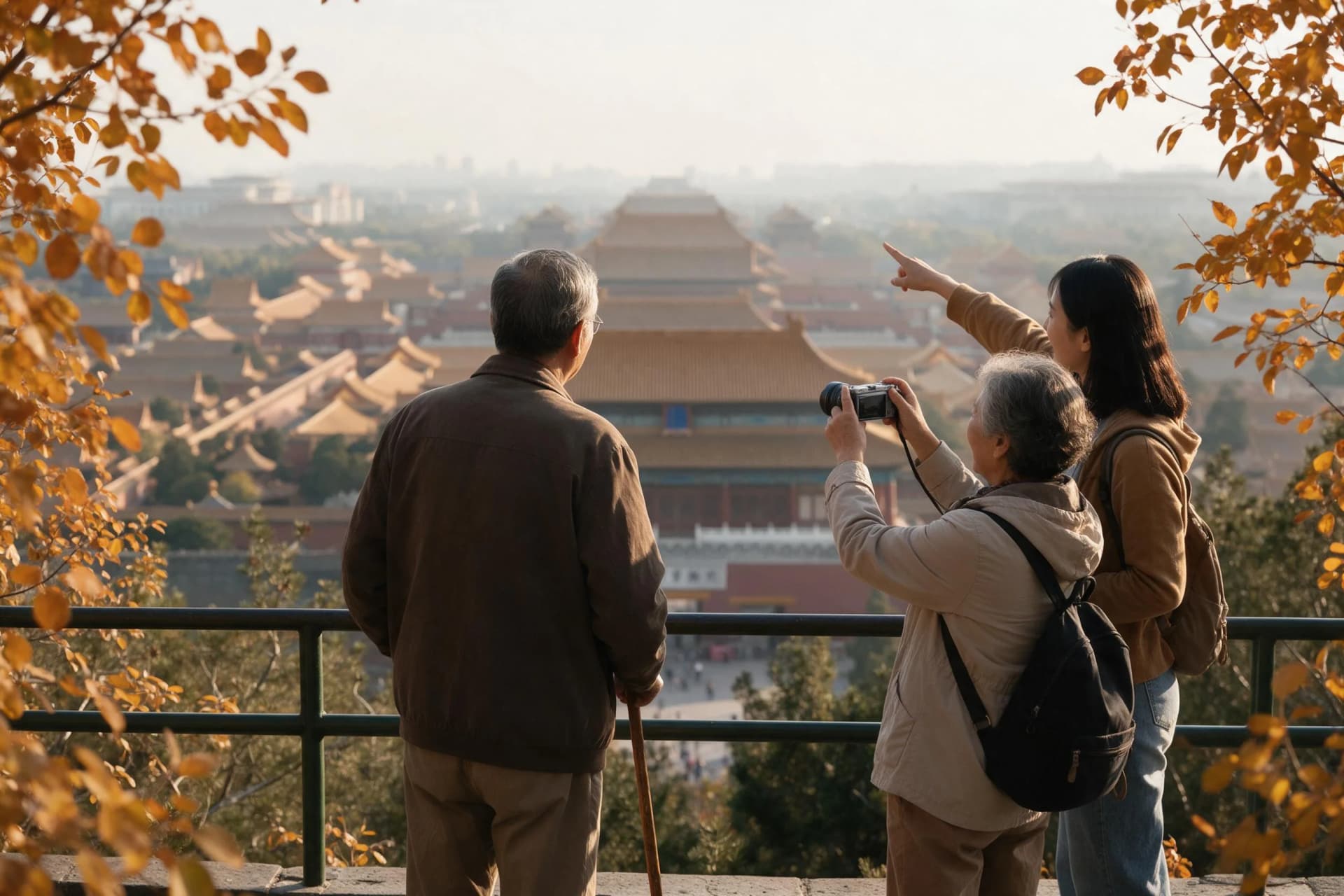 Older parents photographing the Forbidden City from Jingshan Park in Beijing at golden hour