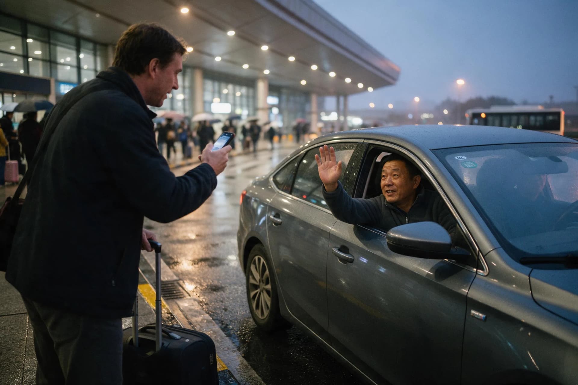 Foreign tourist using the English DiDi app to book a ride-hailing car outside Shanghai Hongqiao Railway Station in China, 2026