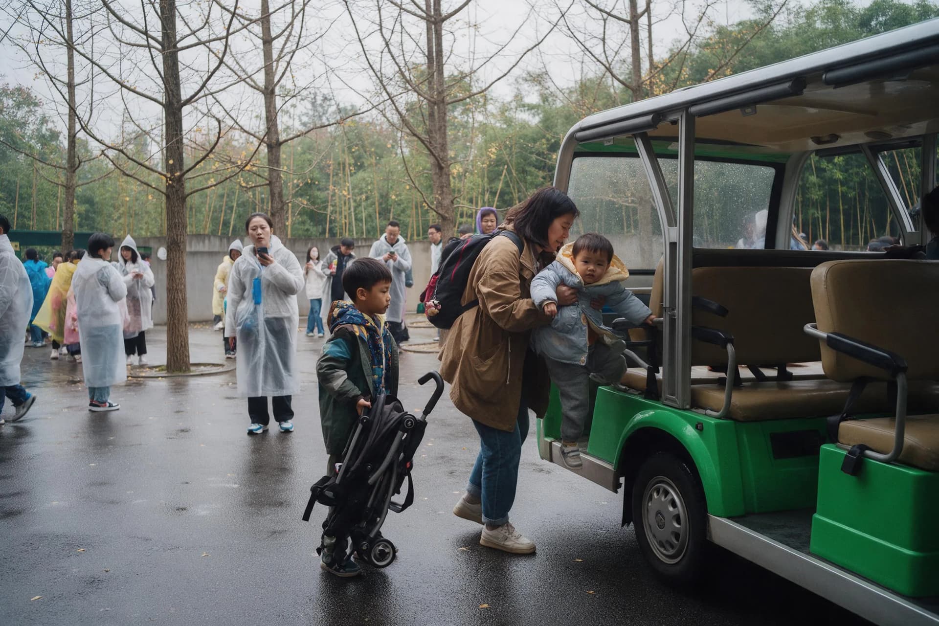 Family boarding the panda base shuttle at Metro Panda Avenue Station in Chengdu on a gray morning