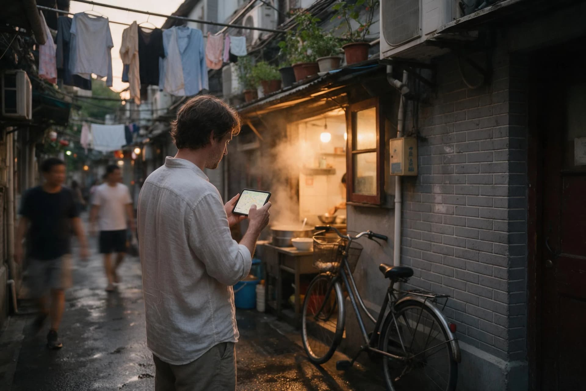 Traveler checking Amap's English map and blue-dot location on a phone in a Shanghai hutong, Google Maps vs Amap in China 2026