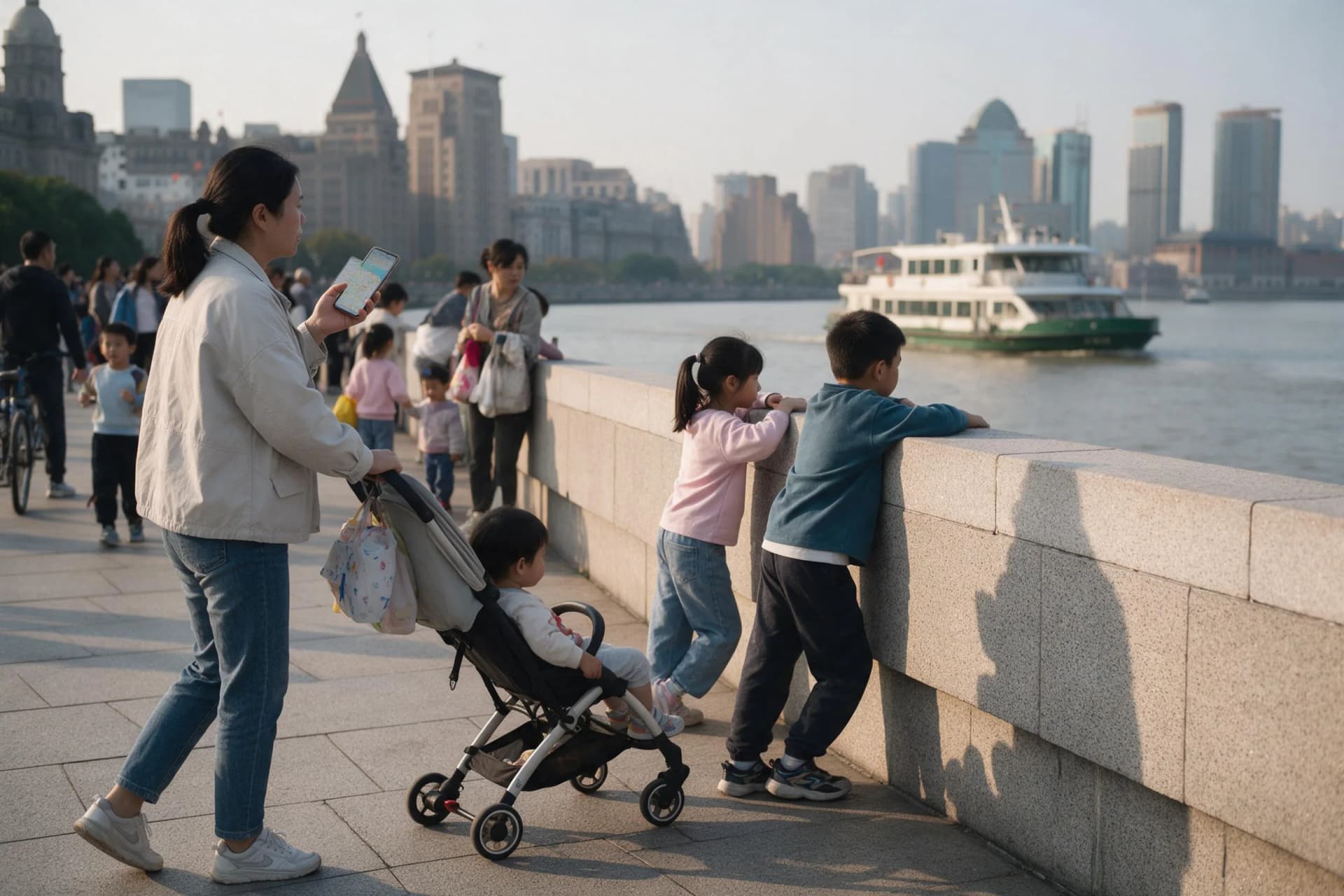 Family with a stroller using Amap's English map on a phone by Shanghai's Bund, Google Maps vs Amap in China 2026 family guide