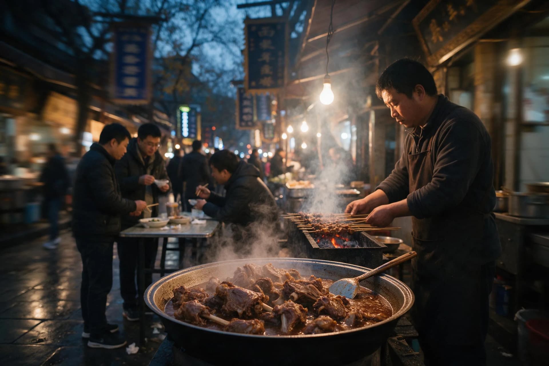 Espetinhos na brasa e cordeiro braseado numa barraca de rua ao anoitecer no Bairro Muçulmano de Xi'an, viagem à China em 2026 sem o Google Maps