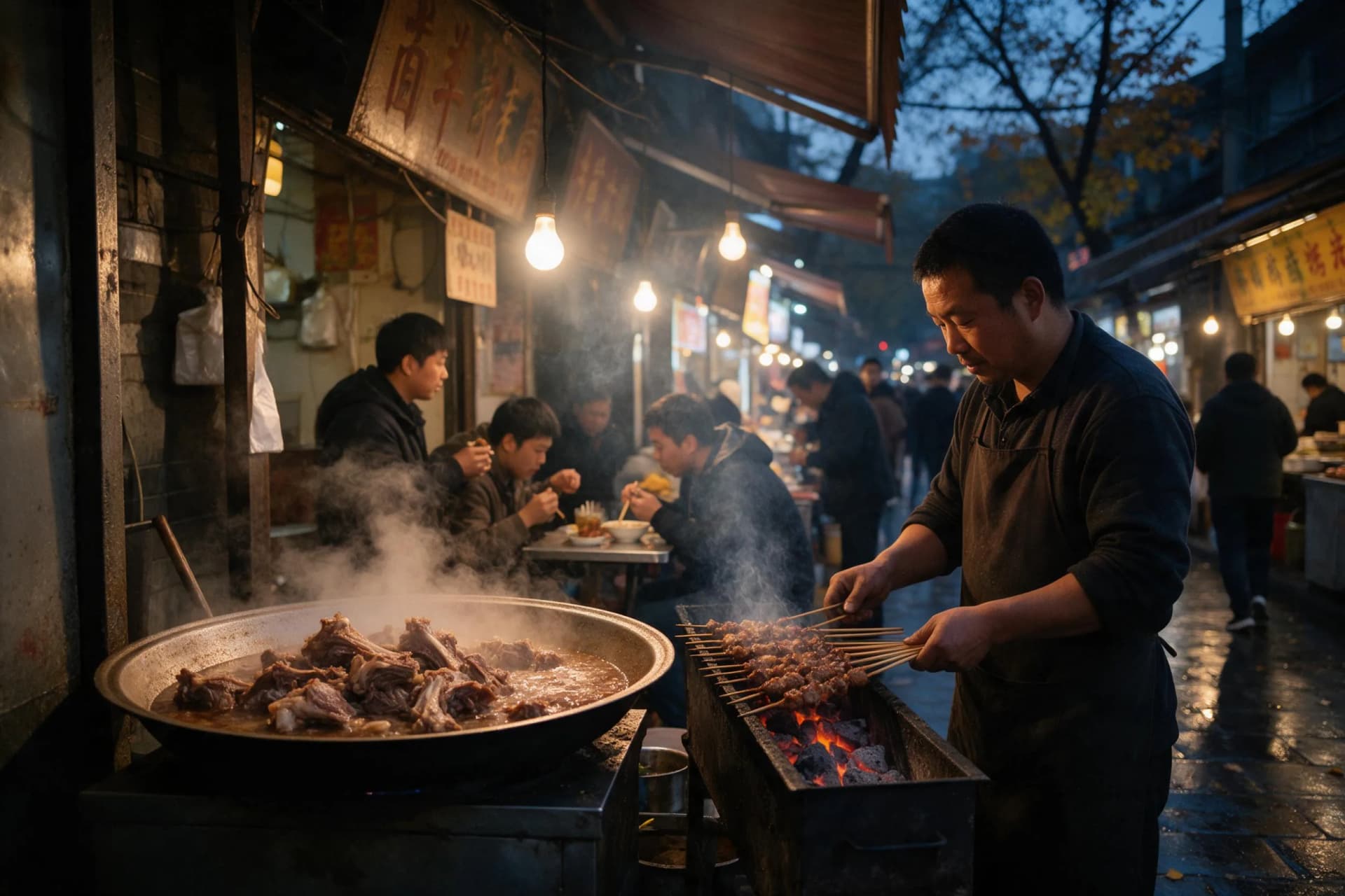 Steaming charcoal skewers and braised lamb at a dusk street-food stall in Xi'an's Muslim Quarter on a 2026 China trip planned without Google Maps