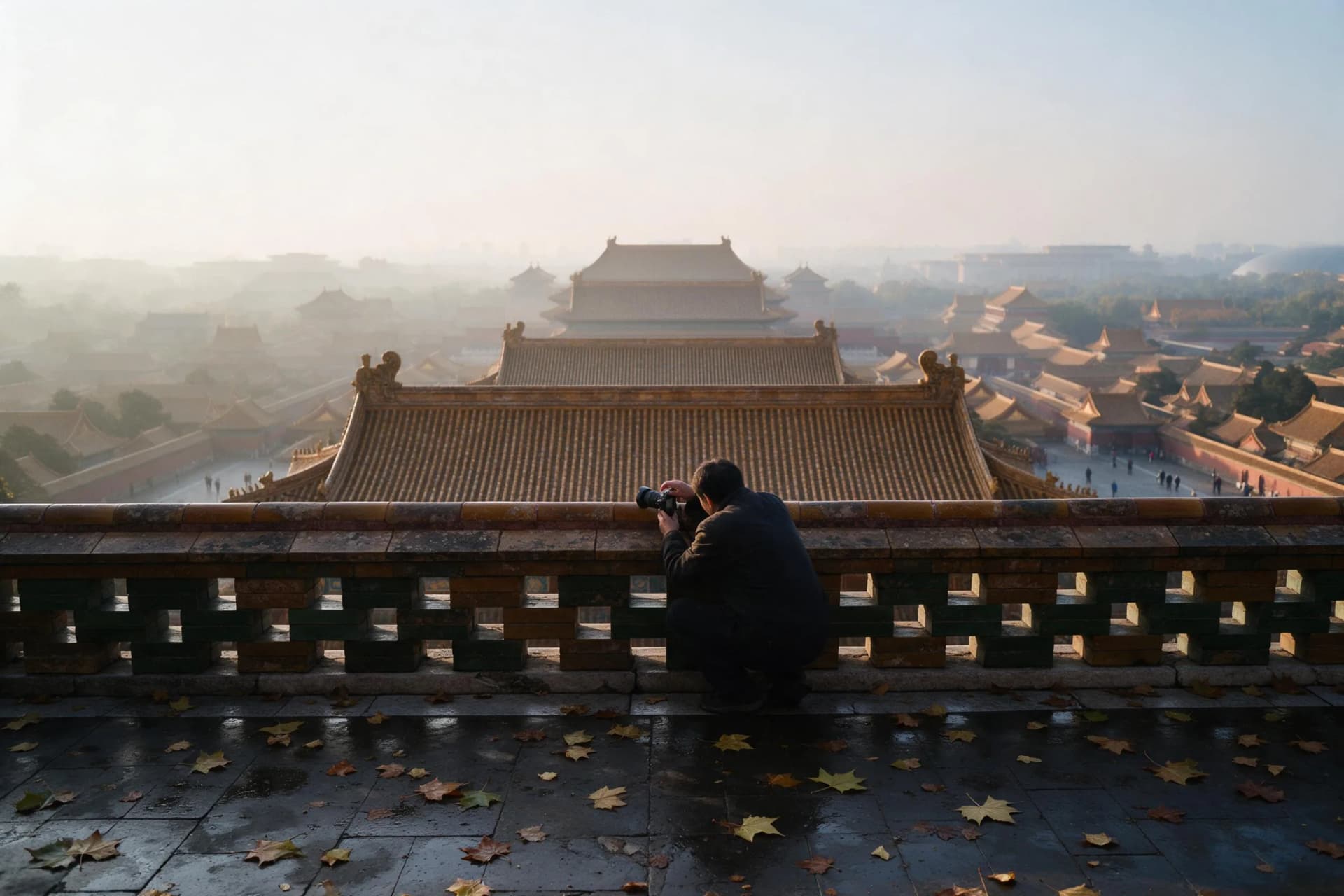 Photographer at Jingshan Park's south railing shooting Forbidden City roofs at sunrise on a Google Maps free China photo trip