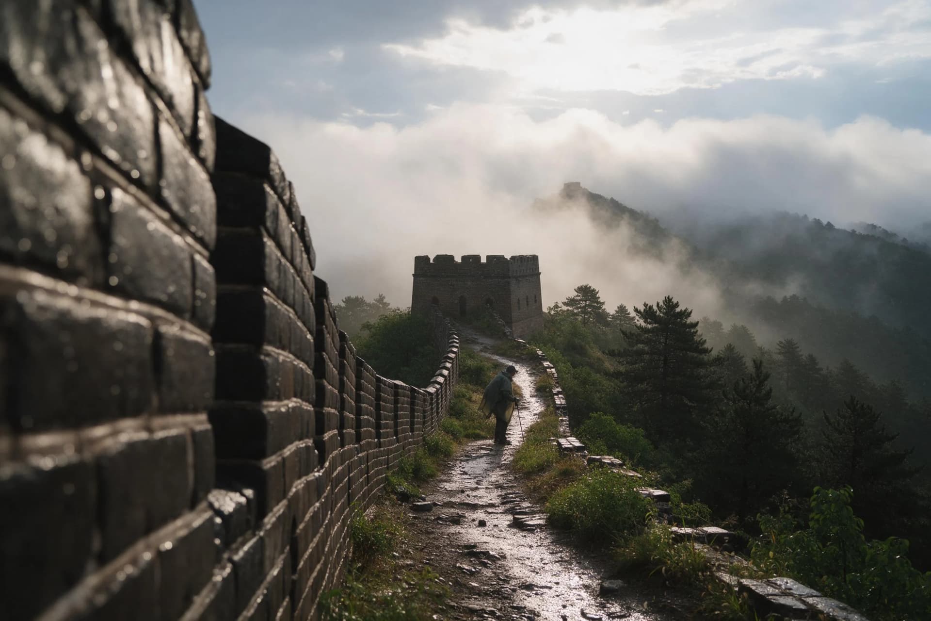Rain-cleared autumn light on the Great Wall at Jinshanling, with watchtowers receding along the ridge