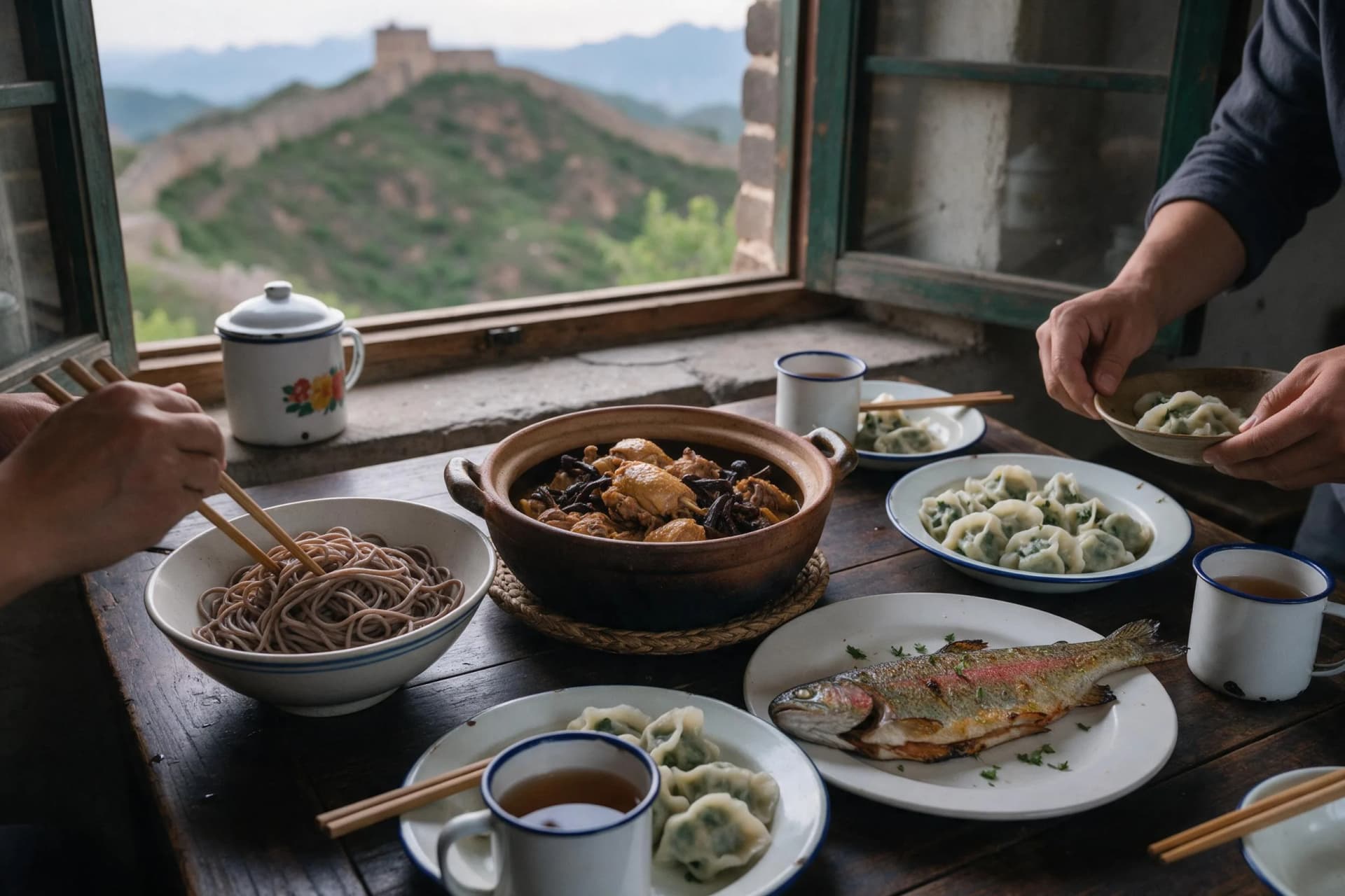 Farmhouse lunch near the Great Wall at Jinshanling with buckwheat noodles, grilled trout and tea