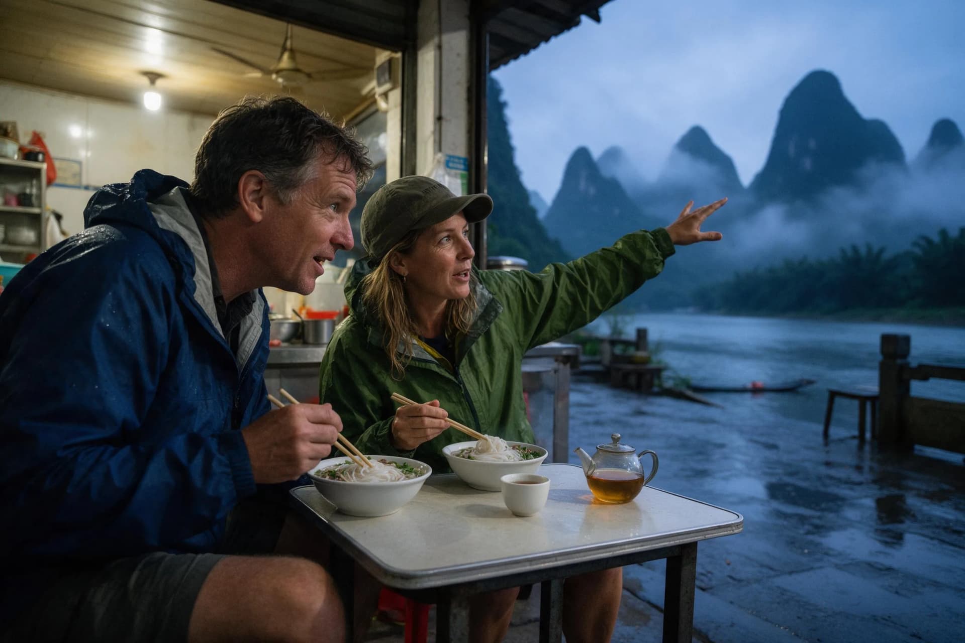 US travelers sharing a budget breakfast beside the misty Li River in Guilin