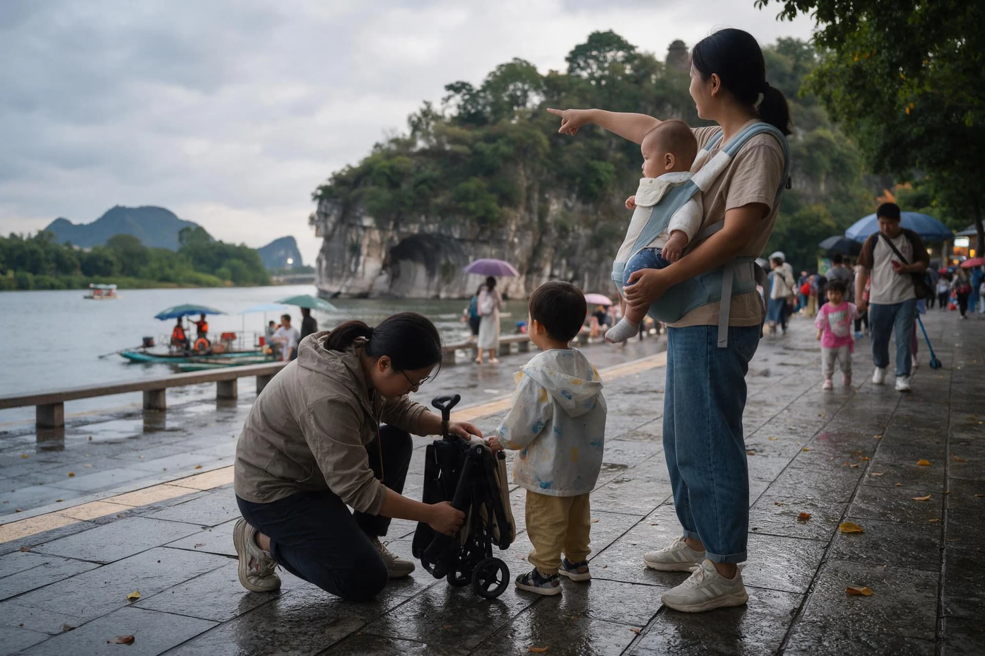Familie mit zusammengeklapptem Kinderwagen und Babytrage an der Li-Fluss-Promenade in Guilin an einem regnerischen Nachmittag