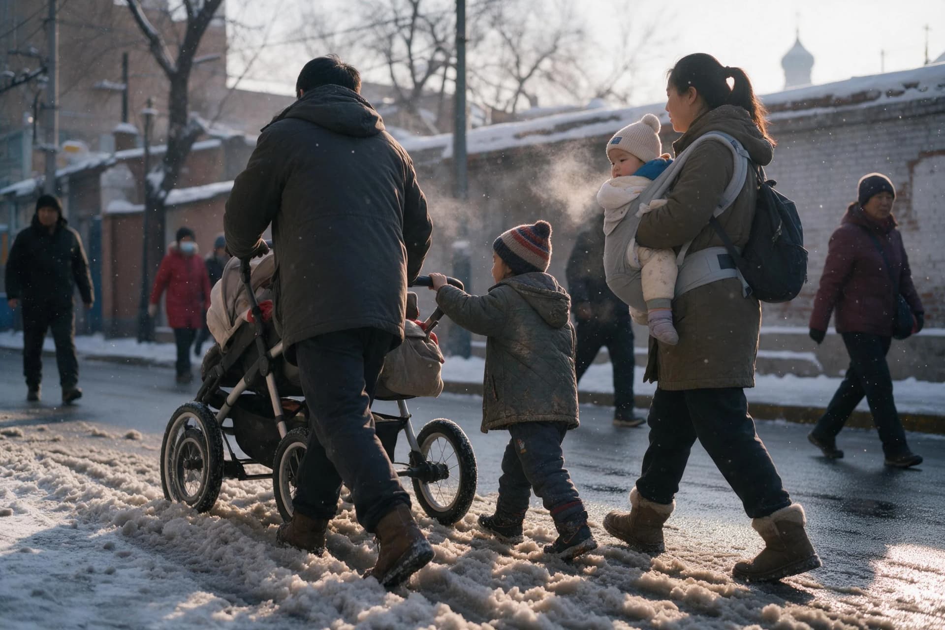 Family with a large-wheel stroller and baby carrier on a snowy Harbin street in late afternoon