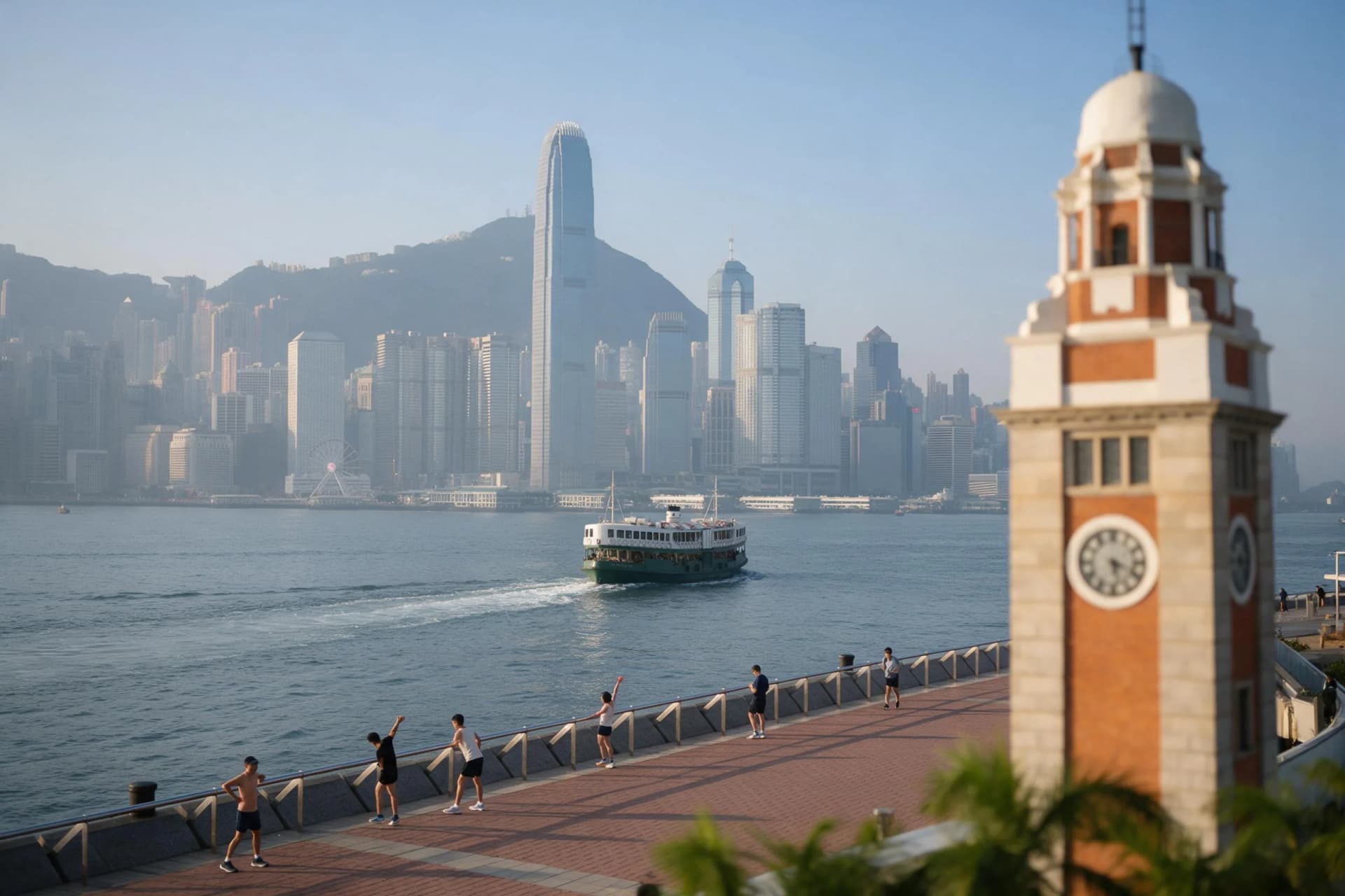 Star Ferry crossing Victoria Harbour at dawn, with Hong Kong Island skyscrapers and Victoria Peak rising behind, seen from the Tsim Sha Tsui promenade