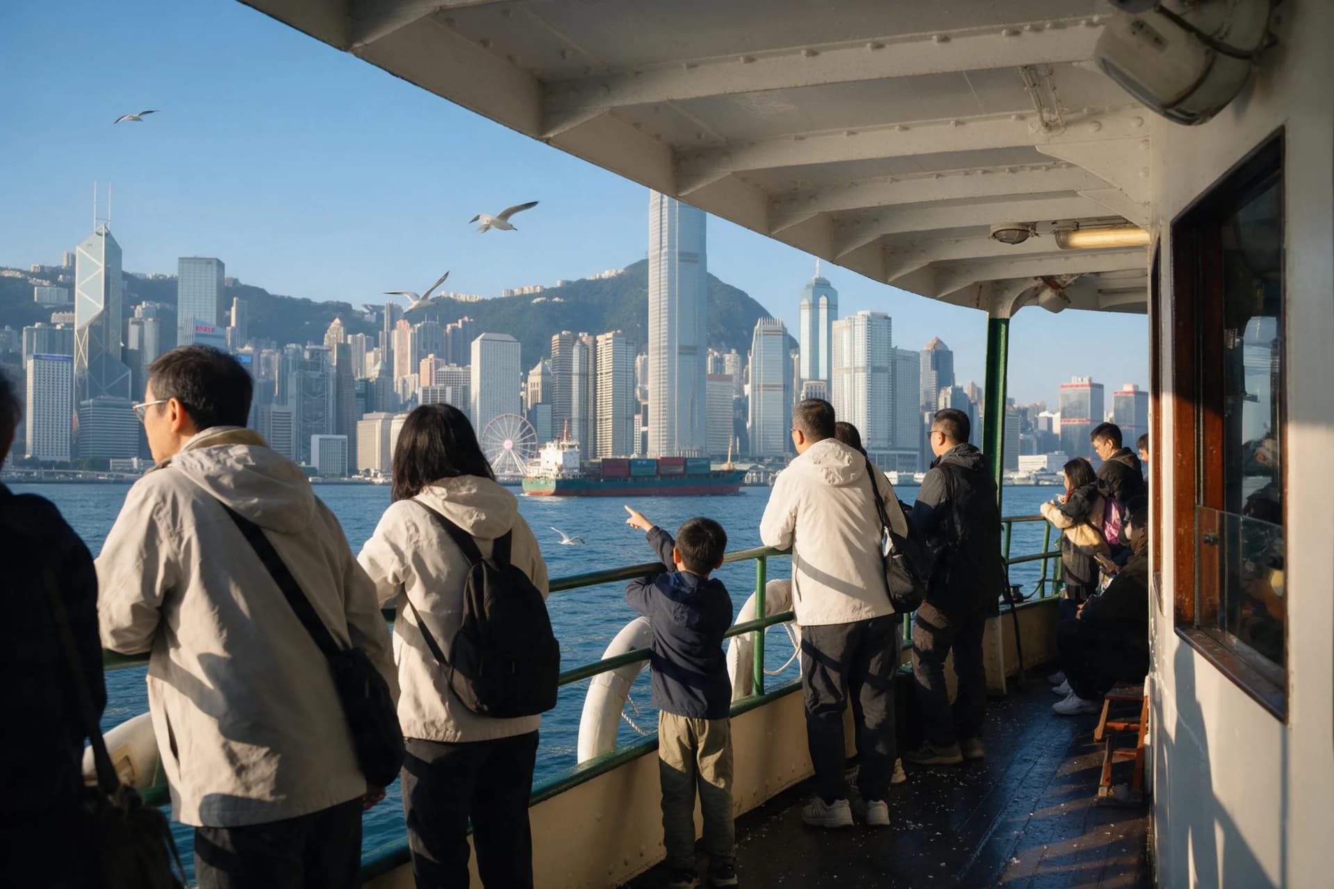 Star Ferry crossing Hong Kong harbor toward the city skyline on a clear, sunlit December morning