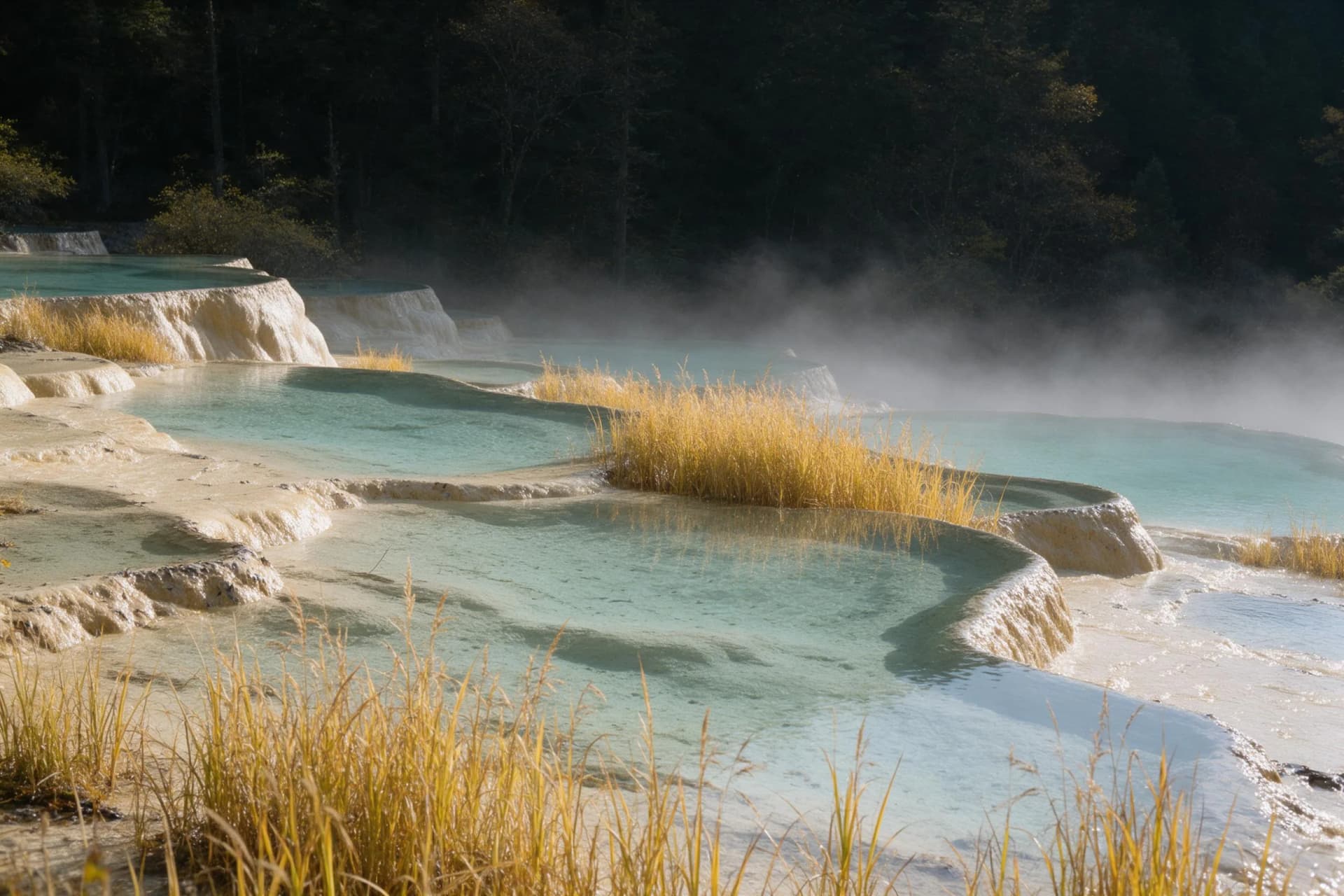 Huanglong travertine pools terraced in autumn light, Sichuan, China