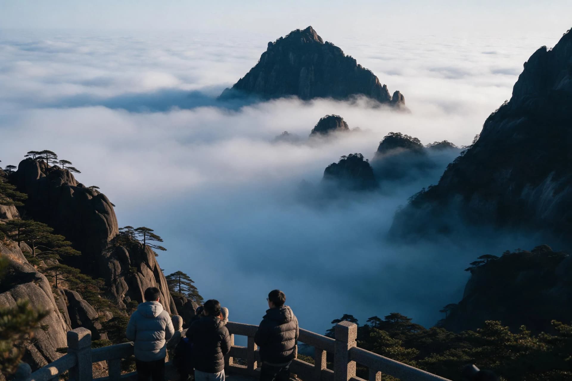 Granite peaks and wind-shaped pines of Huangshan rising above a sea of clouds in Anhui, China, at sunrise