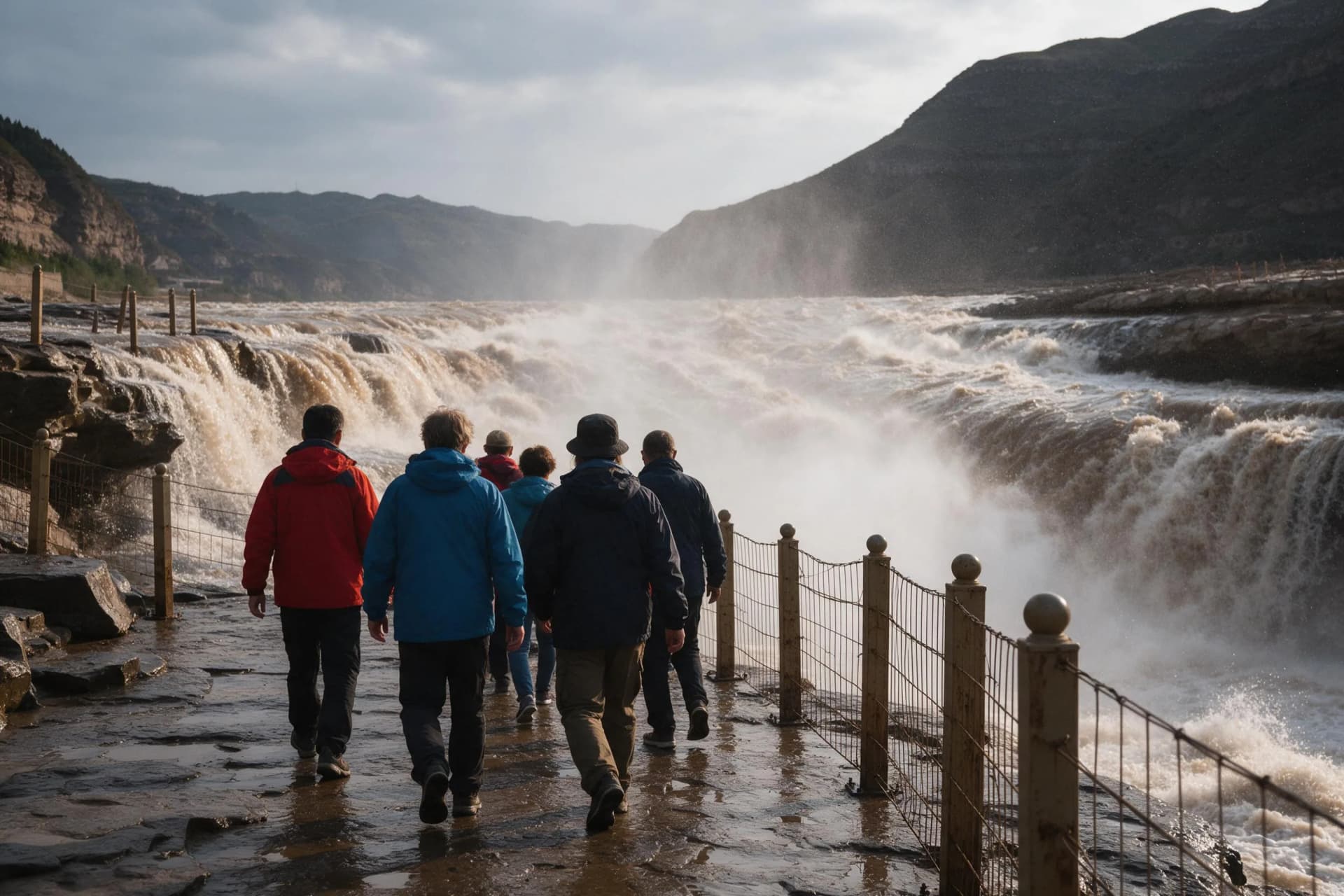 Travelers walking toward the misty Yellow River cascade at Hukou Waterfall in China