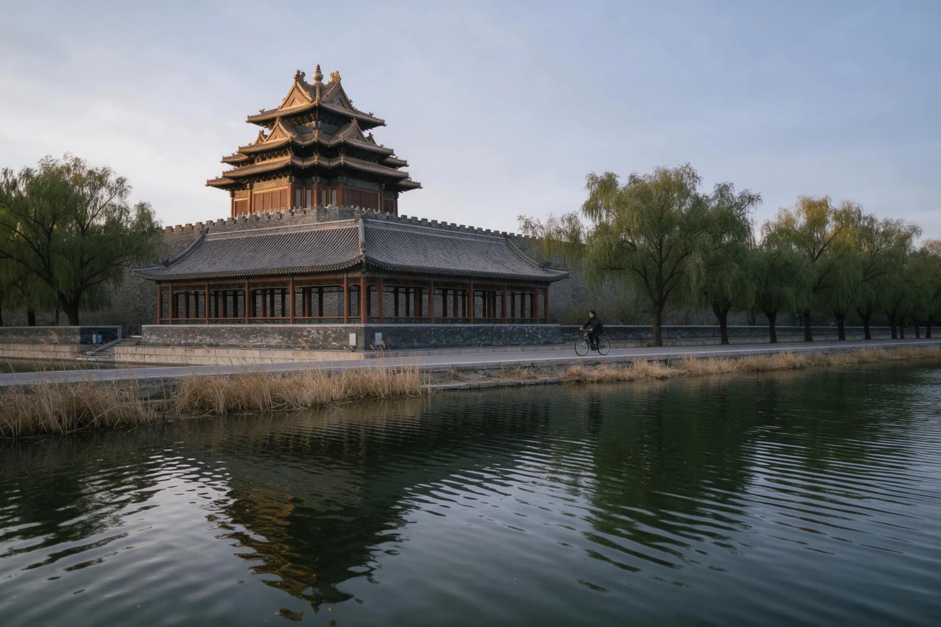 Forbidden City corner tower mirrored in the moat at sunrise, one of five safe photo spots for American tourists in China in 2026