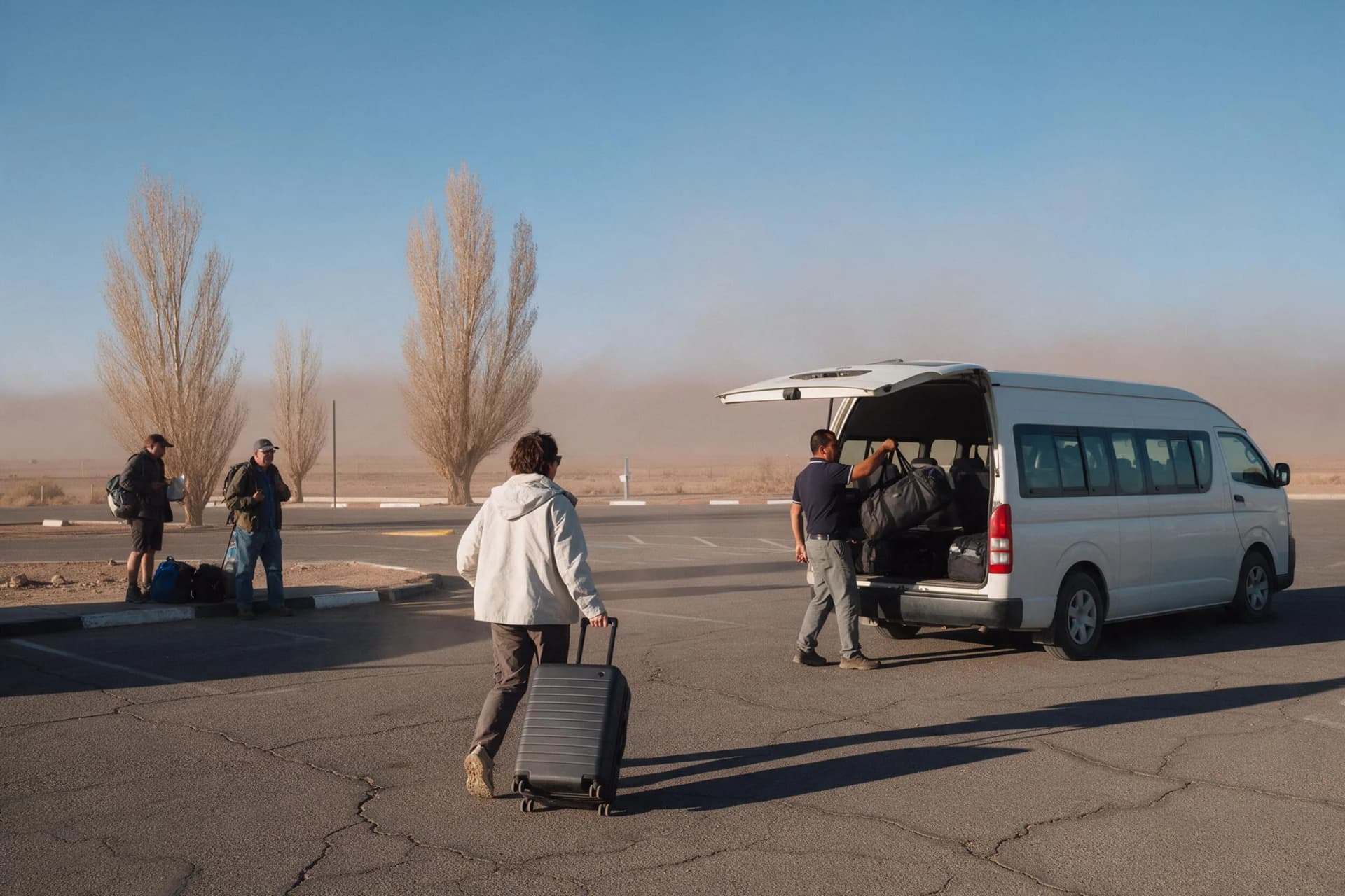 Travelers with luggage at the shuttle bus stand outside Kashgar Laining Airport, Xinjiang, China