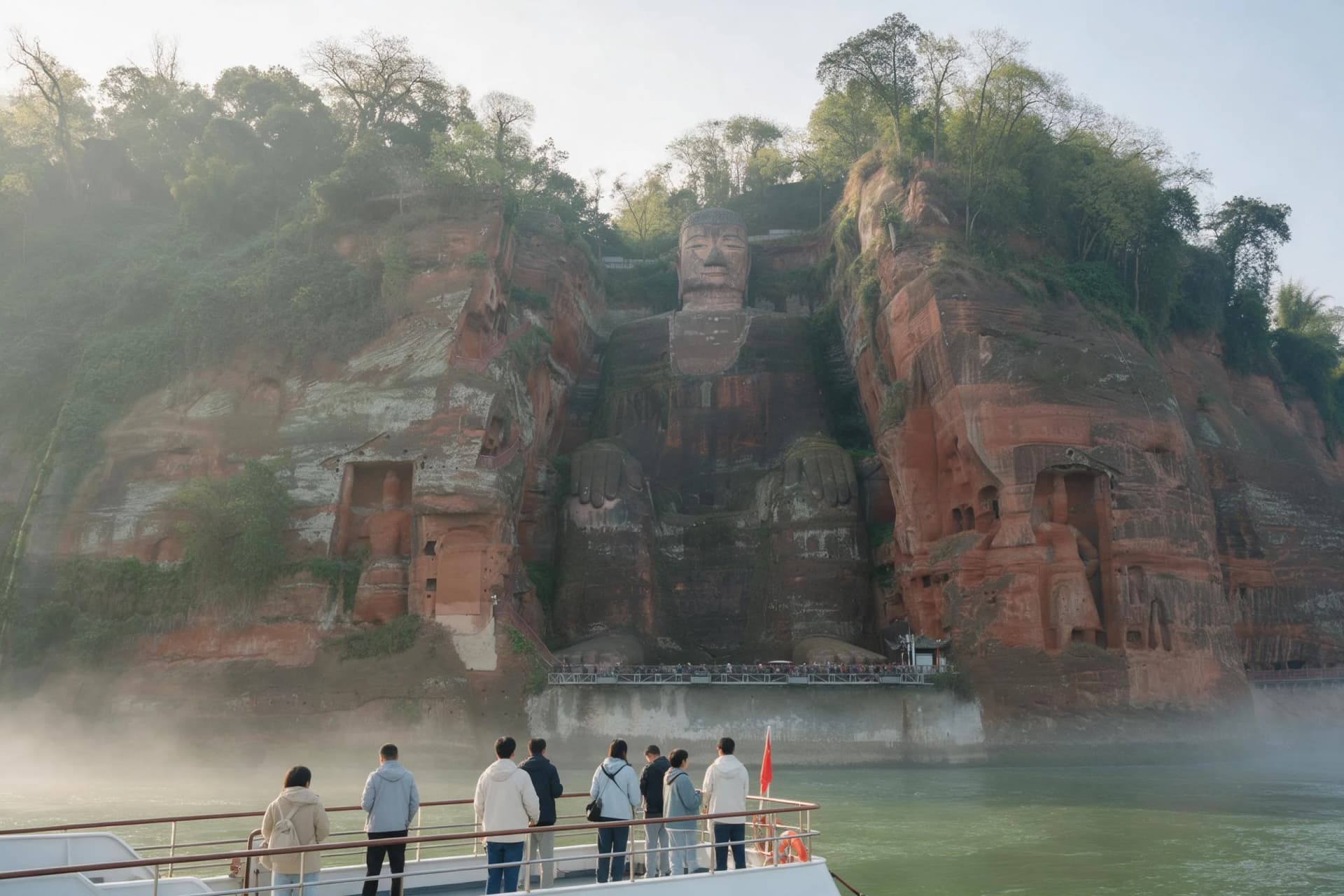 The Leshan Giant Buddha carved into the cliff above the meeting of three rivers in Sichuan, China