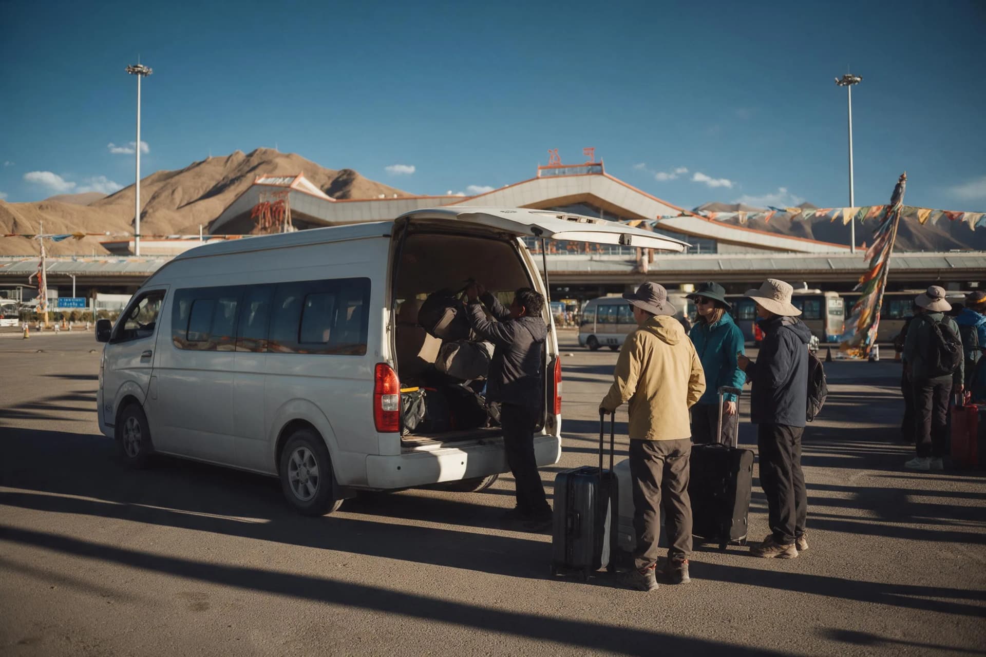 Travelers with luggage beside the airport shuttle bus at Lhasa Gonggar Airport in Tibet, China
